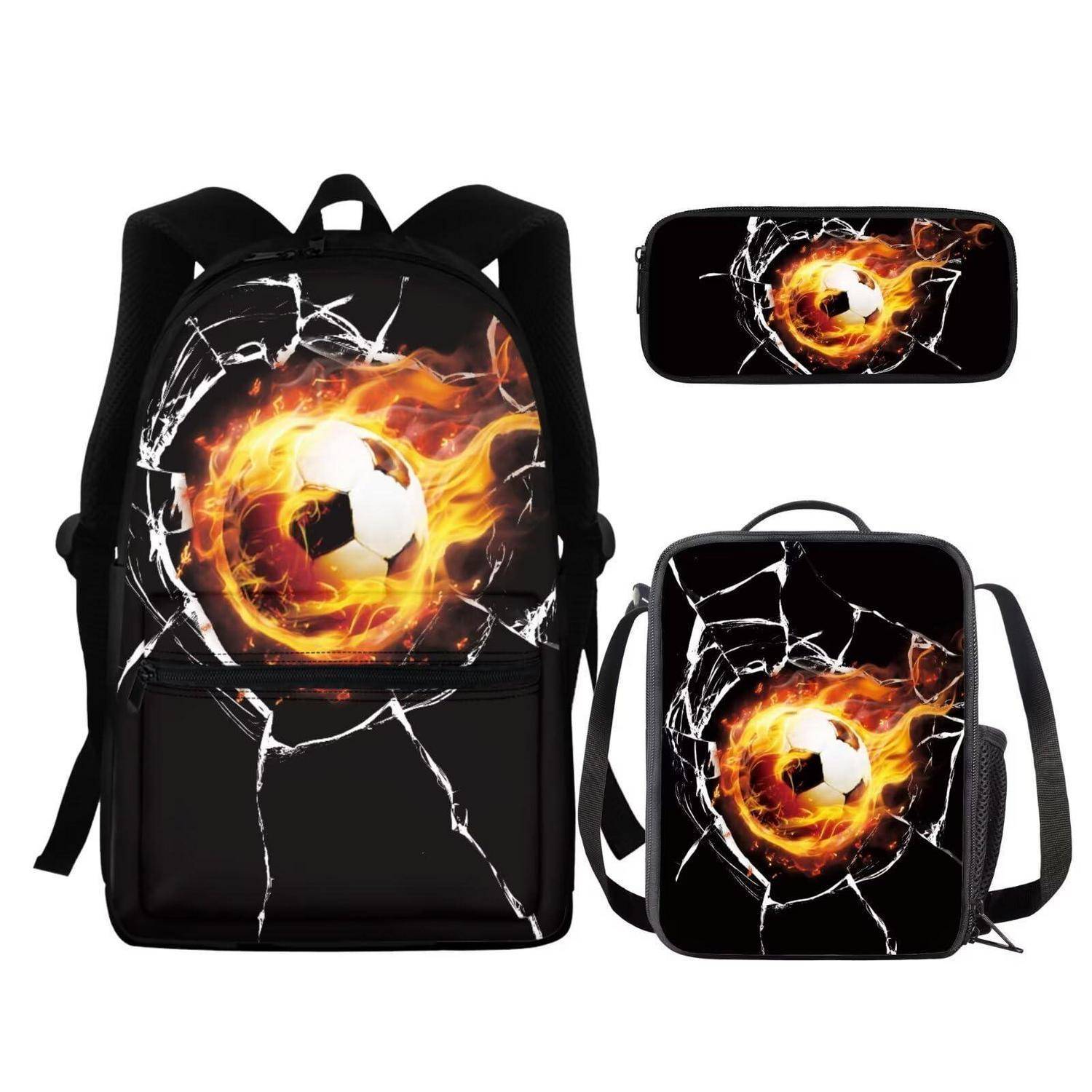 chaqlin Schultaschen-Set 3-teilig Jungen Mädchen Flamme Fußball Rucksack Lunchbox Federmäppchen