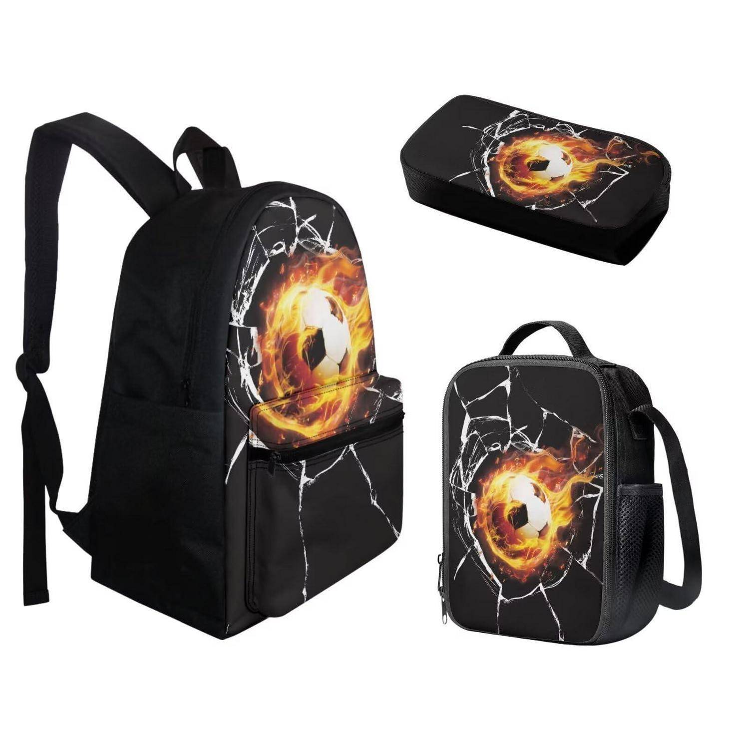 chaqlin Schultaschen-Set 3-teilig Jungen Mädchen Flamme Fußball Rucksack Lunchbox Federmäppchen
