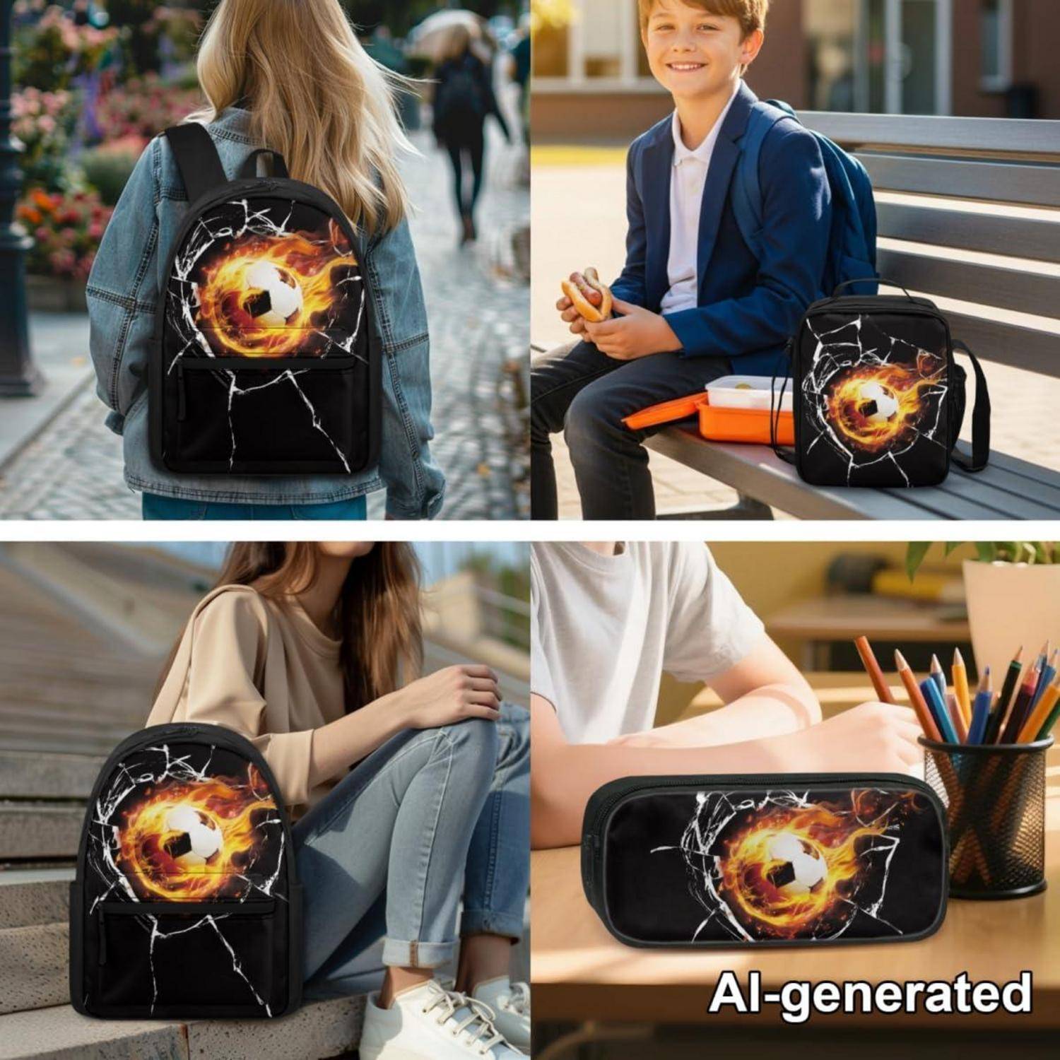 chaqlin Schultaschen-Set 3-teilig Jungen Mädchen Flamme Fußball Rucksack Lunchbox Federmäppchen