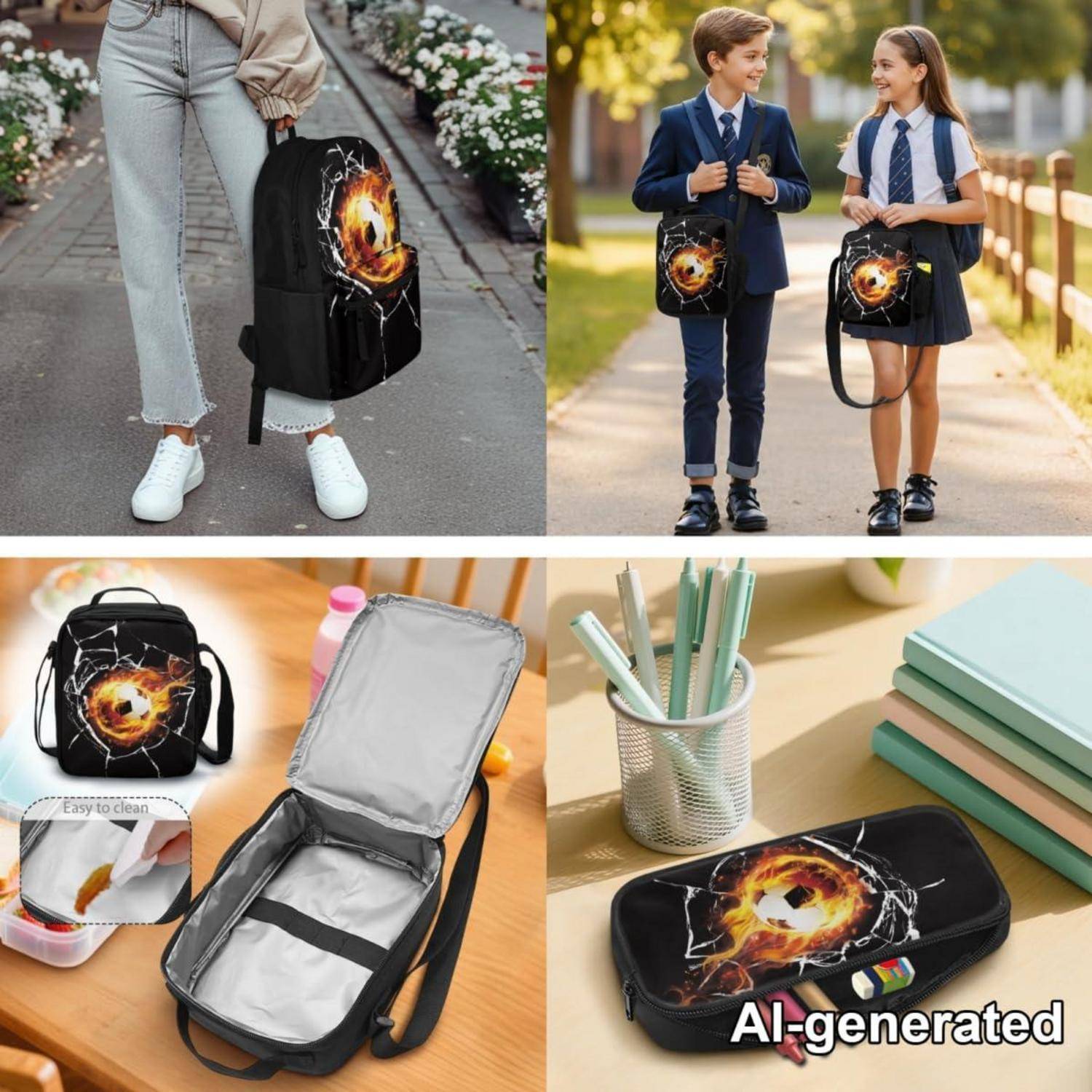 chaqlin Schultaschen-Set 3-teilig Jungen Mädchen Flamme Fußball Rucksack Lunchbox Federmäppchen