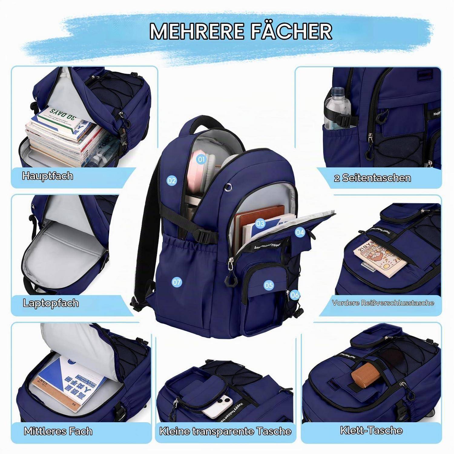 Tanou Schulrucksack 28L Jungen Marineblau mit Gepäckgurt