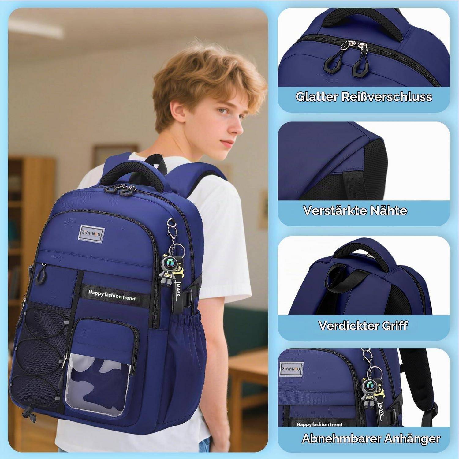 Tanou Schulrucksack 28L Jungen Marineblau mit Gepäckgurt