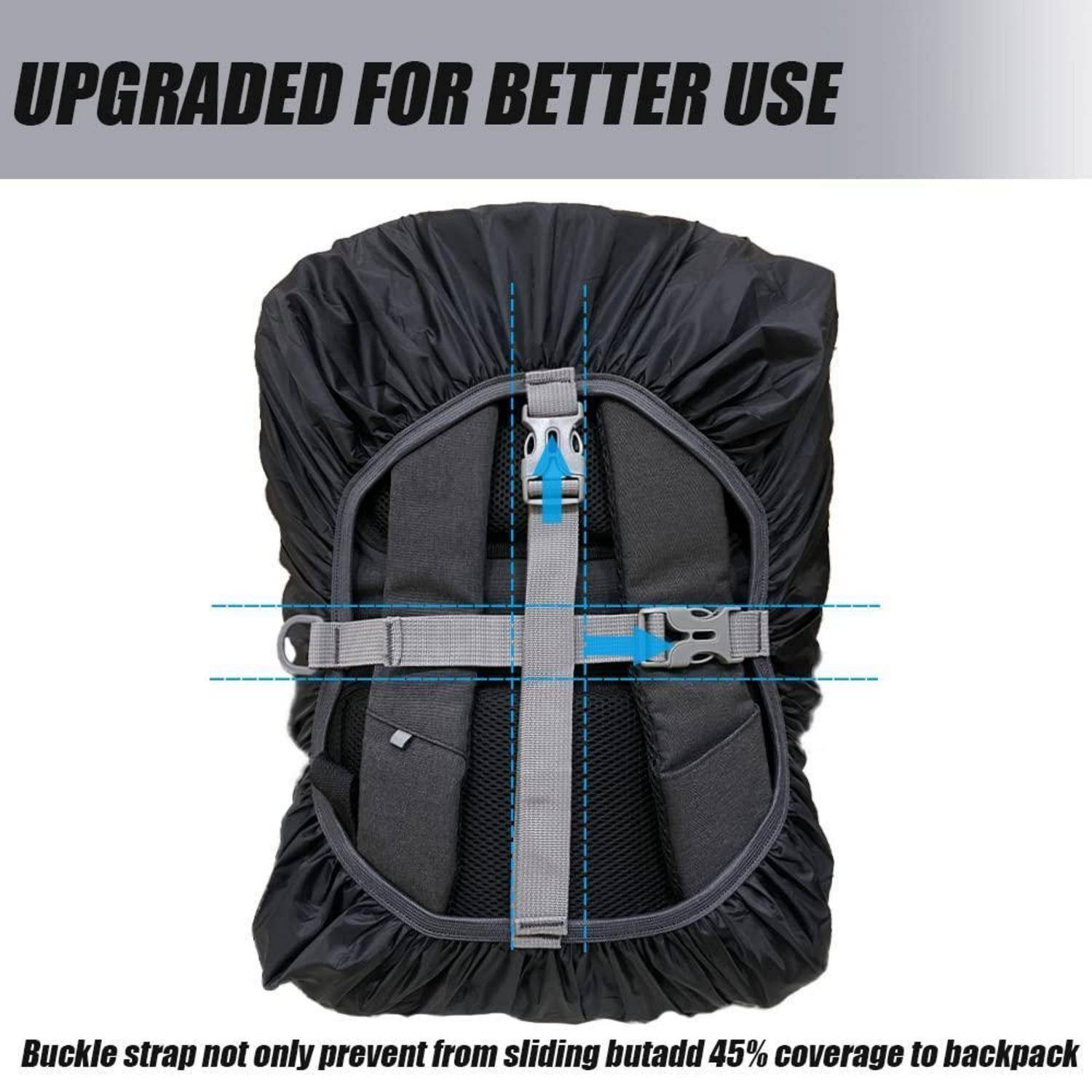 Schwarzer Rucksack-Regenschutz mit mittlerem Verschlussgurt und blauen Pfeilen, die verbesserte Passform zeigen; Text besagt „VERBESSERT FÜR BESSERE VERWENDUNG" und „Der Verschlussgurt verhindert nicht nur das Verrutschen, sondern bietet 45% mehr Bedeckung für den Rucksack"