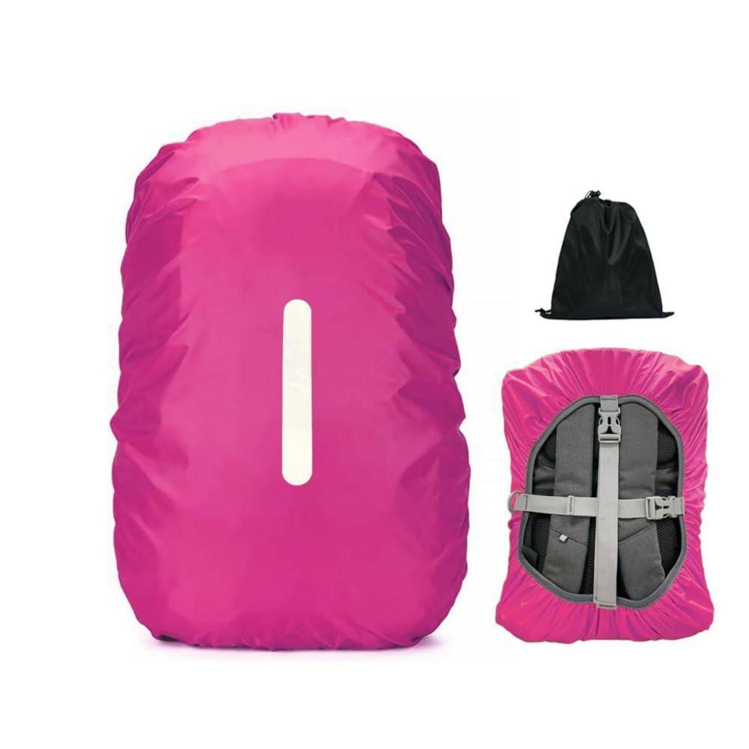 Rosa Regenschutz für einen Rucksack, gezeigt von vorne, hinten und verpackt in einem schwarzen Kordelzugbeutel.
