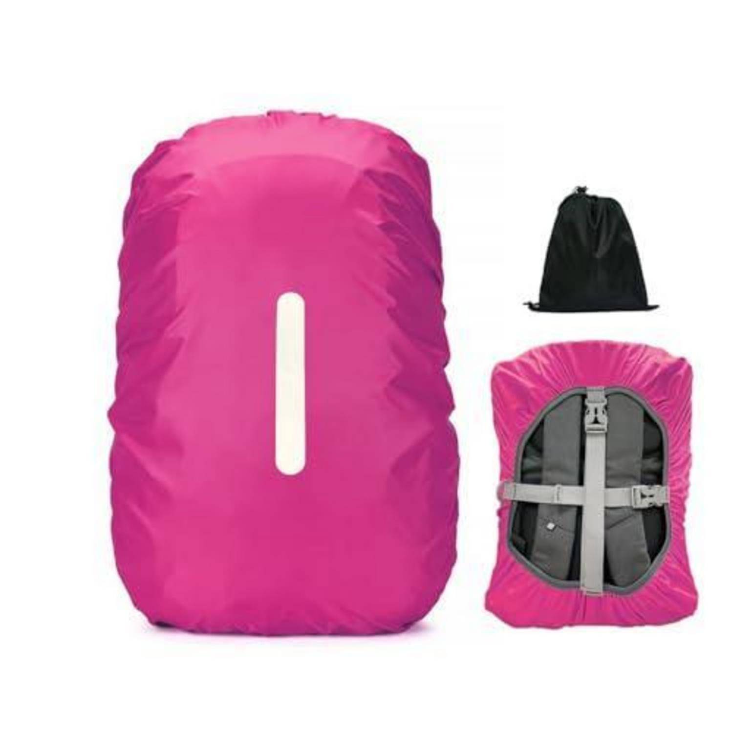 Rosa wasserdichte Rucksack-Regenschutzhülle mit reflektierendem Streifen, gezeigt auf einem Rucksack, zusammengefaltet in einer Tasche und in einem schwarzen Zugbeutel aufbewahrt.