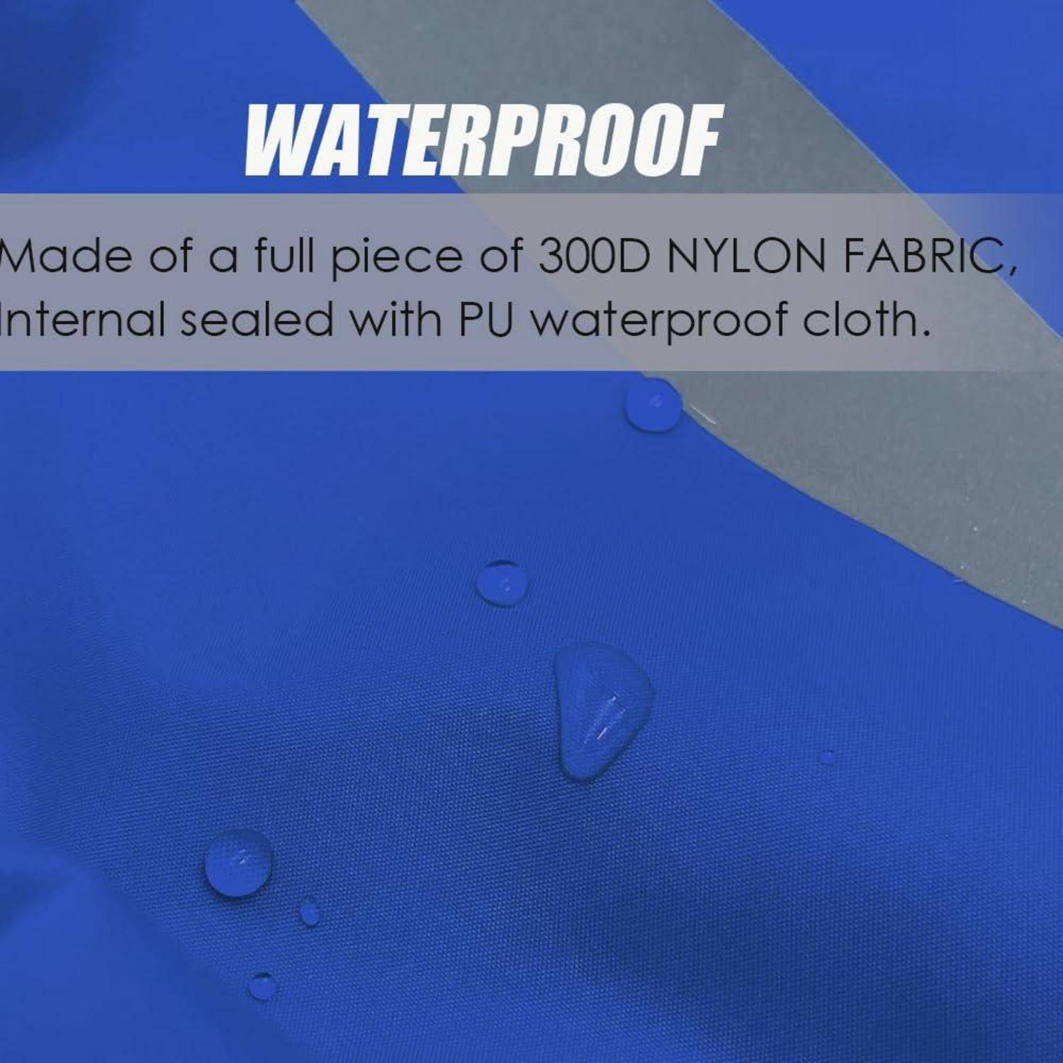 Blaues wasserdichtes Gewebe mit Wassertropfen; Text sagt "WASSERDICHT"" und vermerkt 300D Nylon-Gewebe mit PU-wasserdichtem Stoff und versiegelten Nähten.