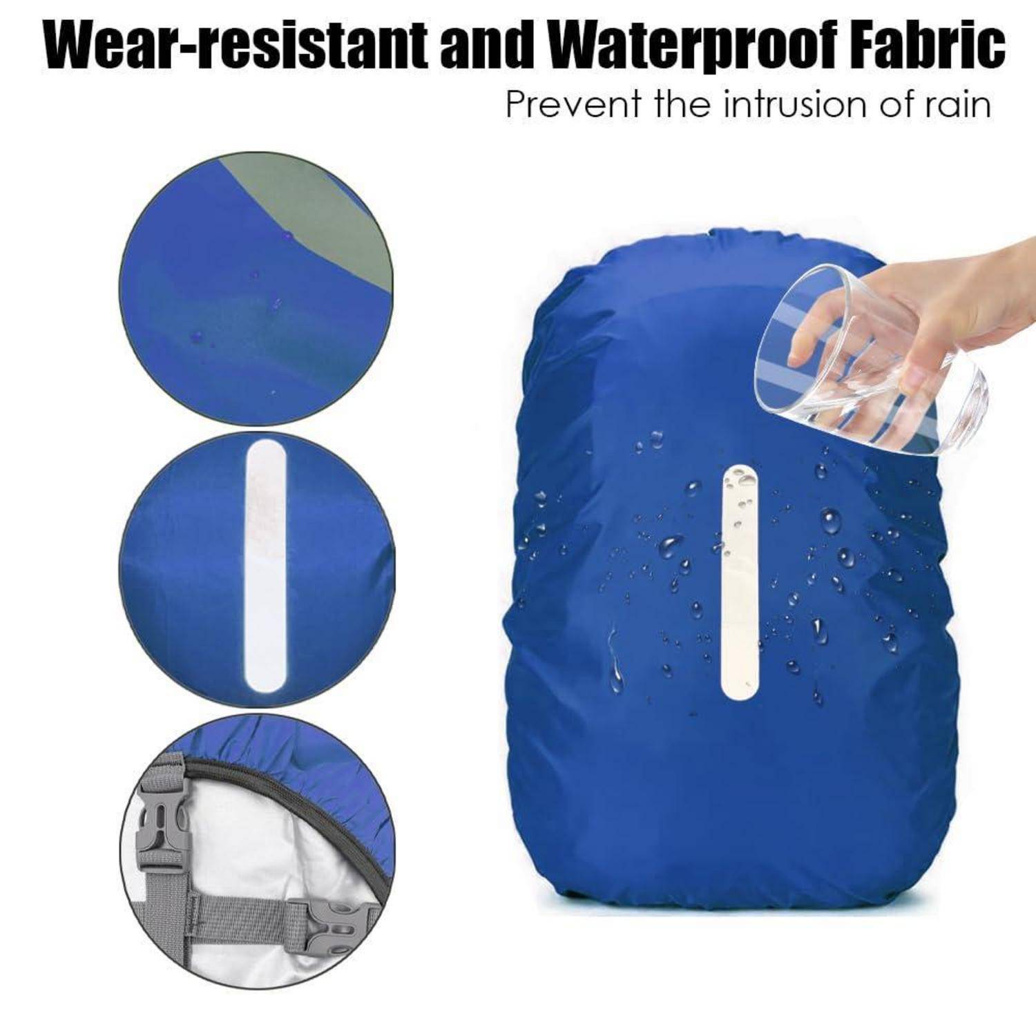 Produktgrafik mit einer blauen, verschleißfesten, wasserdichten Rucksackabdeckung, auf die Wasser gegossen wird, mit Hervorhebung des Regenschutzes und Nahaufnahmedetails des Materials.