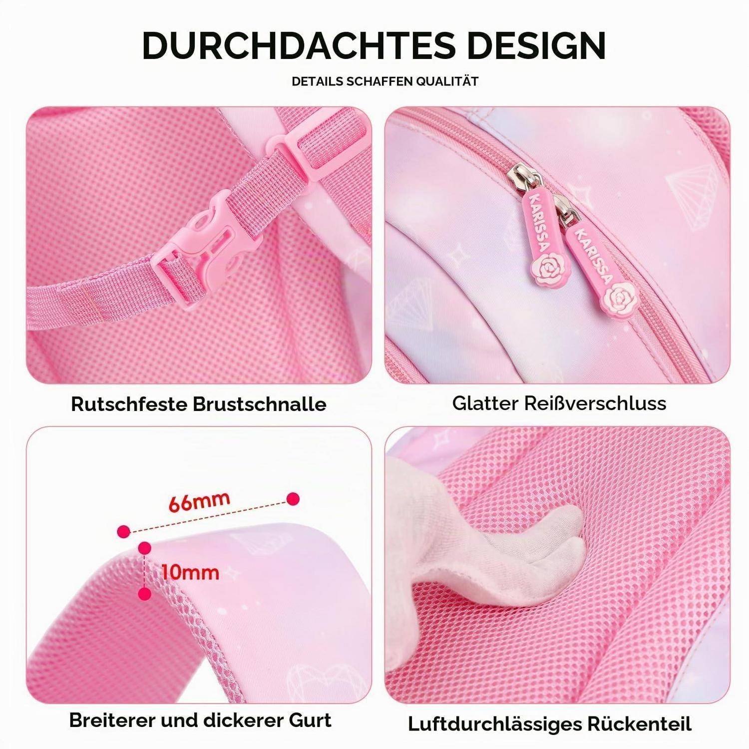 Tanou Schulrucksack Set 3-teilig Mädchen Rosa atmungsaktiv H-Schnalle
