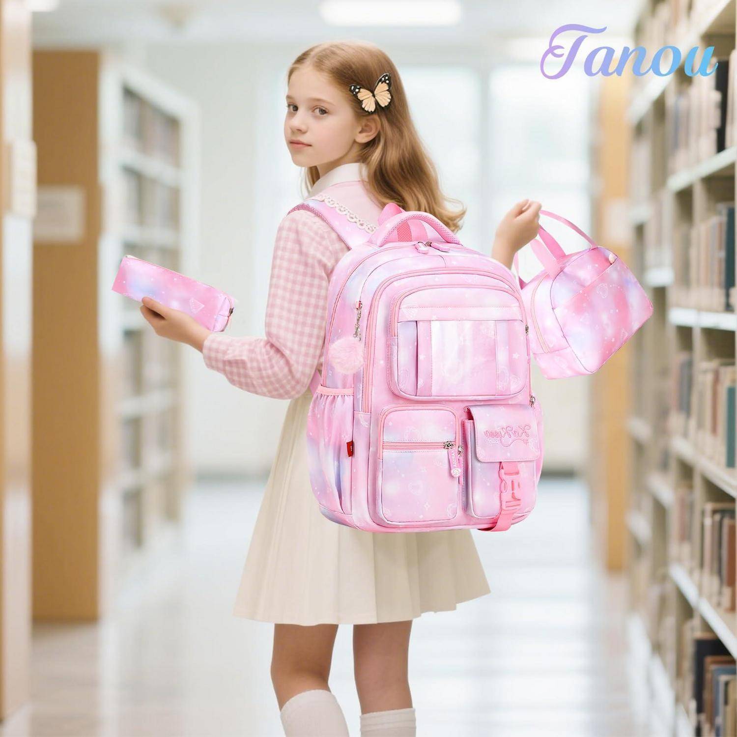 Tanou Schulrucksack Set 3-teilig Mädchen Rosa atmungsaktiv H-Schnalle