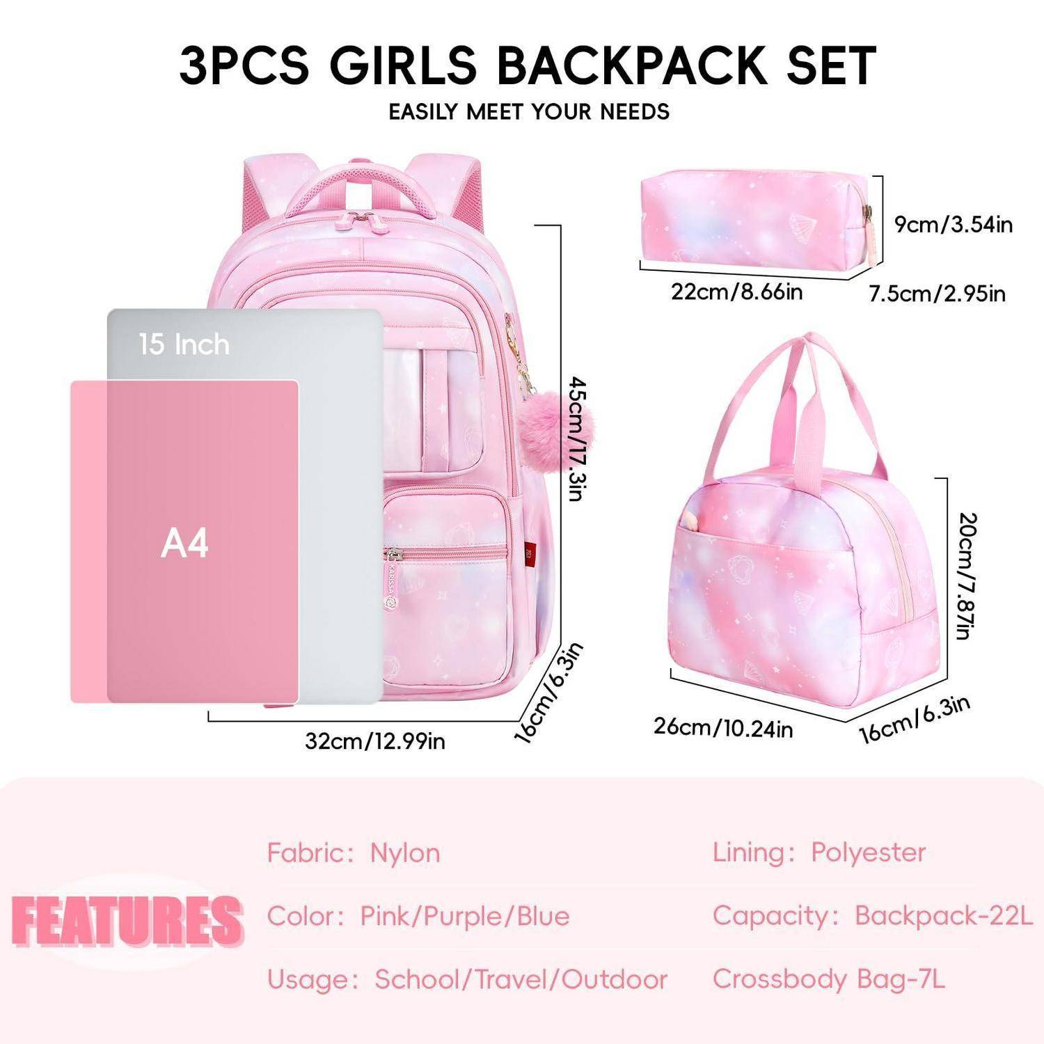 Tanou Schulrucksack Set 3-teilig Mädchen Rosa atmungsaktiv H-Schnalle