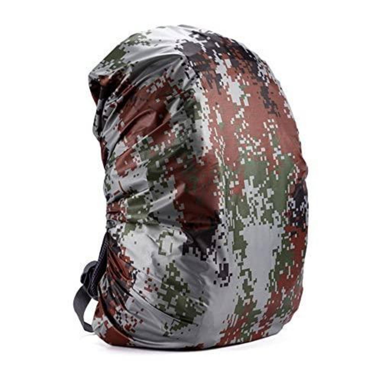 Rucksack-Regenschutz in Tarnmuster mit Kordelzugverschluss, vor weißem Hintergrund gezeigt.