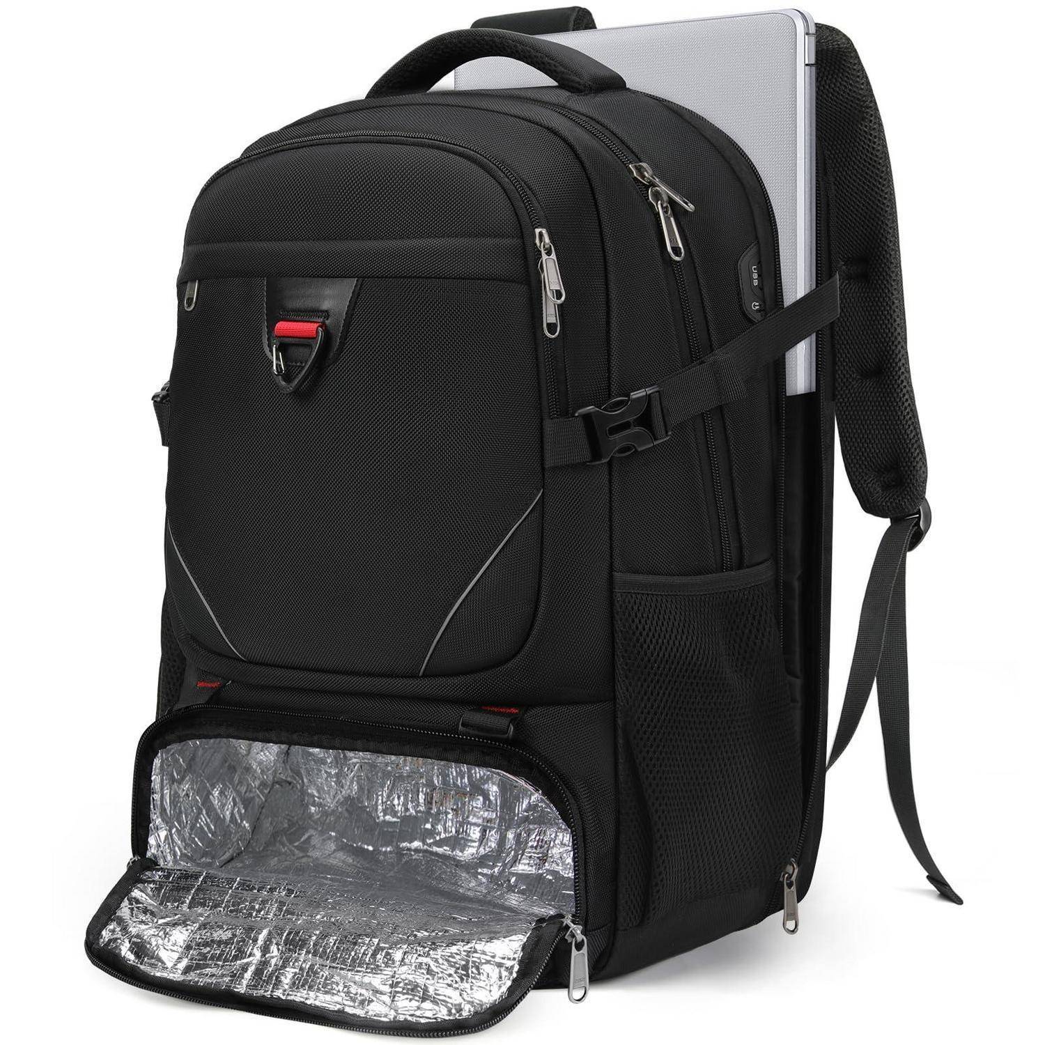Schwarzer Laptop-Rucksack mit einem vorderen isolierten Kühlerfach, das an der Unterseite offen ist und Platz für eine Lunchbox oder Getränke bietet, mit einem Laptop in der hinteren Tasche.