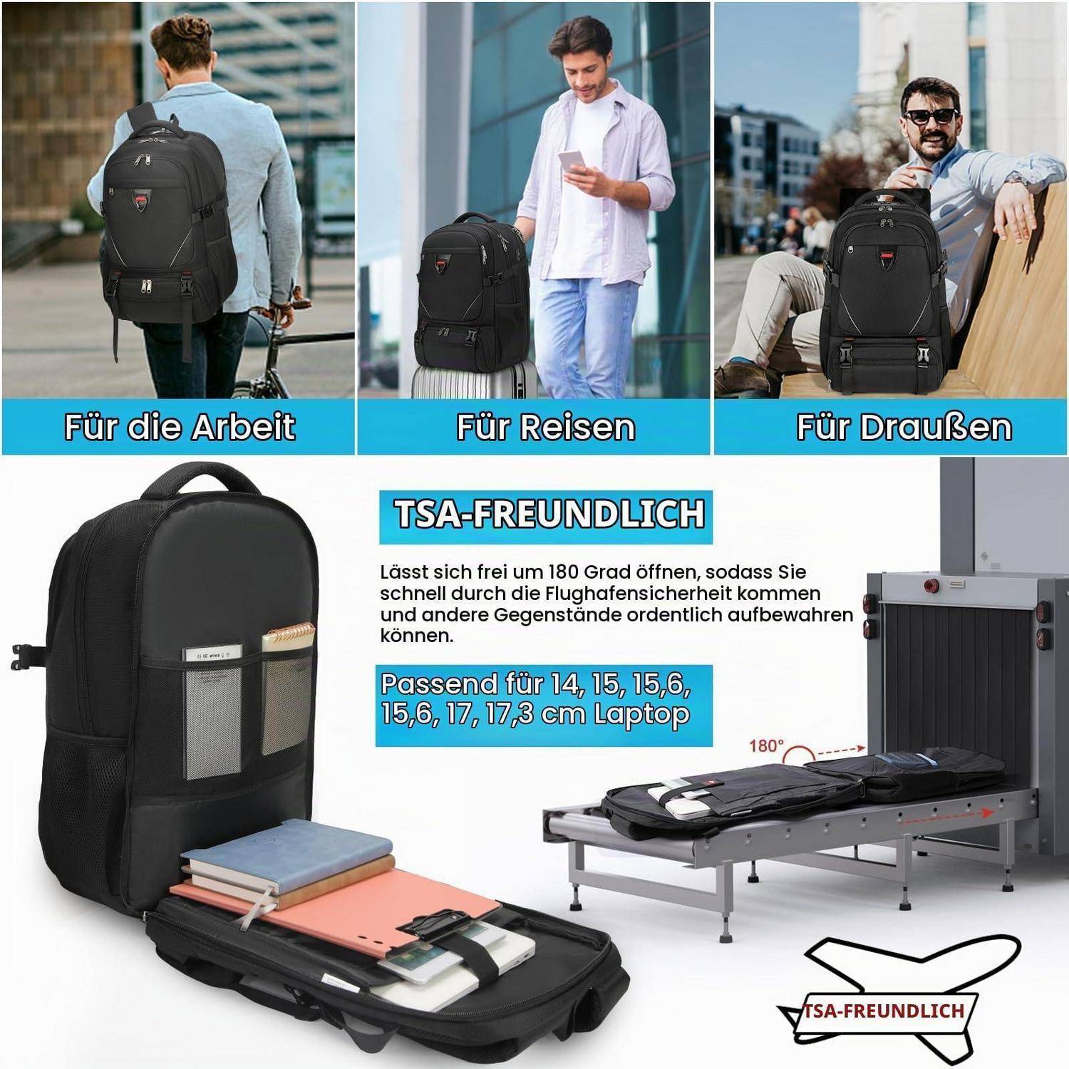 Schwarzer Rucksack für Arbeit, Reisen und Outdoor; TSA-freundlich, öffnet sich 180 Grad, passt für 14 bis 17,3 Zoll Laptops.