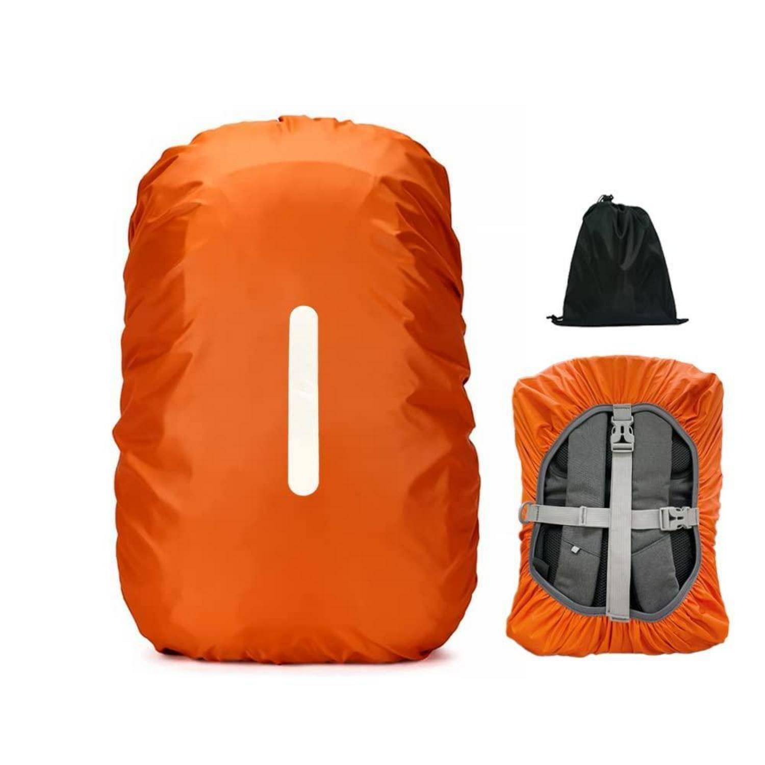 Oranger Rucksack-Regenschutz von vorne gezeigt, zusammengefaltet in einem schwarzen Kordelzugbeutel, und aufgeklappt mit verstellbaren Riemen auf der Rückseite.