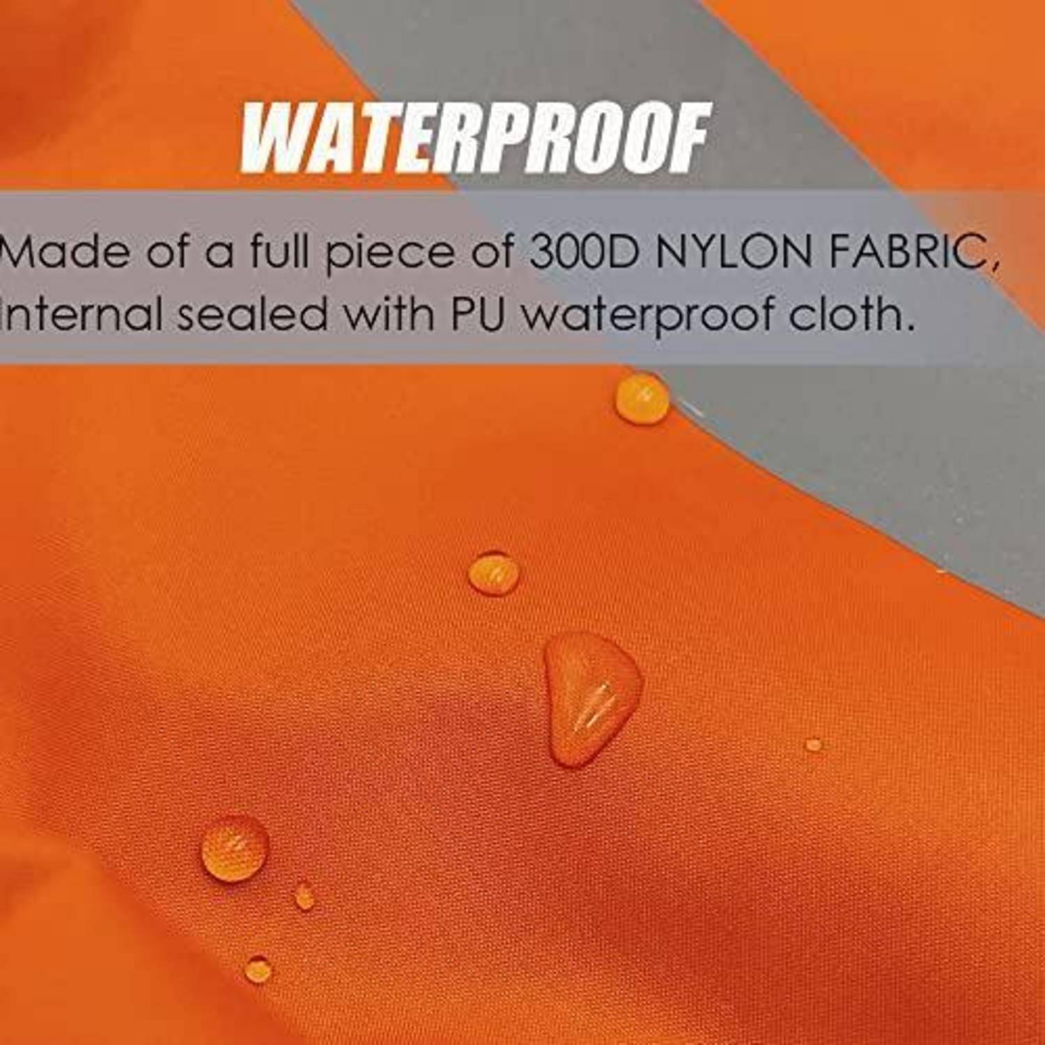Orangefarbener wasserdichter Stoff mit Wassertropfen, die auf der Oberfläche perlen; Text sagt „WASSERDICHT" und „Hergestellt aus einem durchgehenden Stück 300D-NYLONGEWEBE, innen versiegelt mit PU-wasserdichtem Stoff."