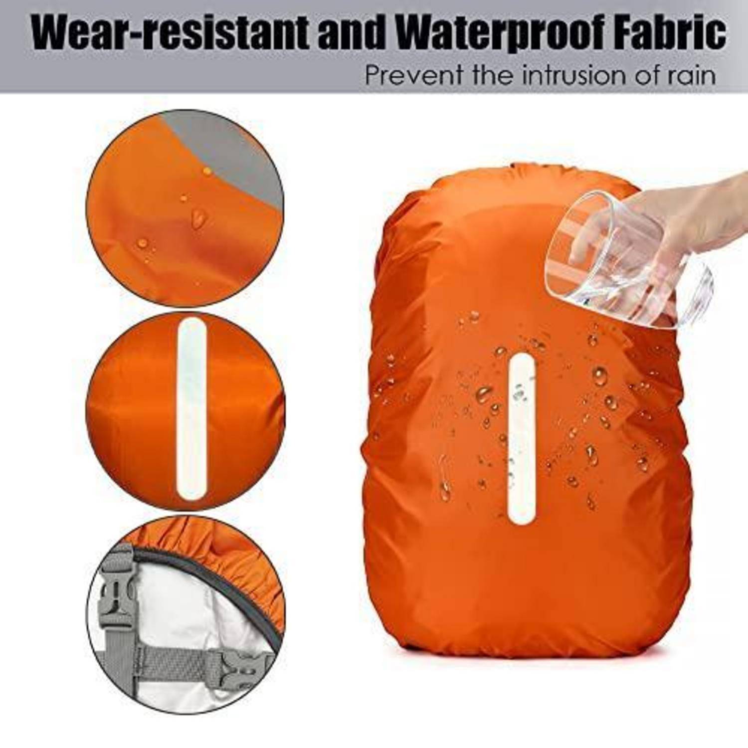 Orange wasserdichte Rucksackschutzhülle weist gegossenes Wasser ab; eingefügte Nahaufnahmen zeigen Regentropfen und eine Reißverschlussöffnung.
