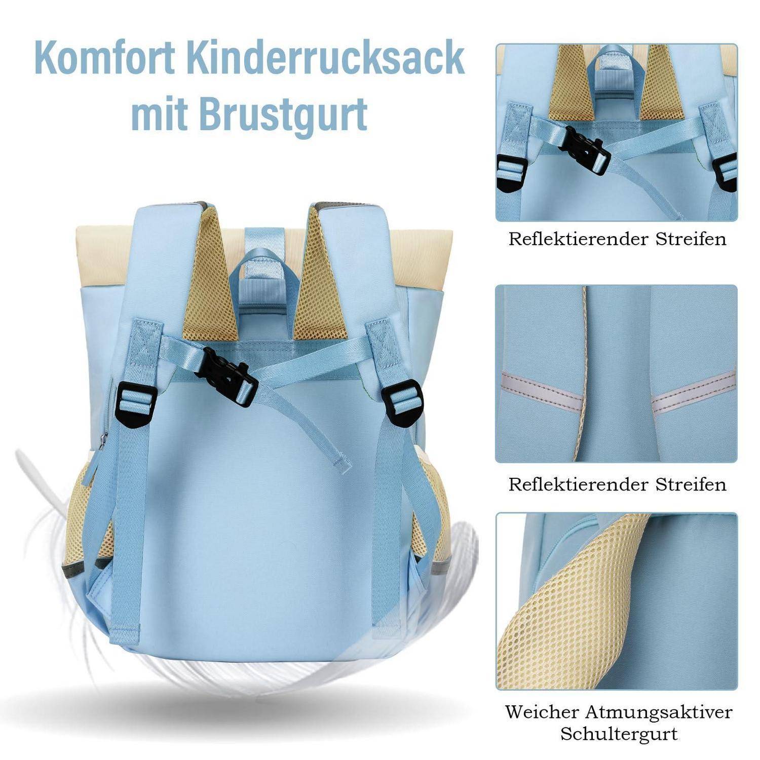 Hellblauer Komfort-Kinderrucksack mit Brustgurt und reflektierenden Streifen; Detailaufnahmen zeigen reflektierende Details und weiche atmungsaktive Schultergurte.