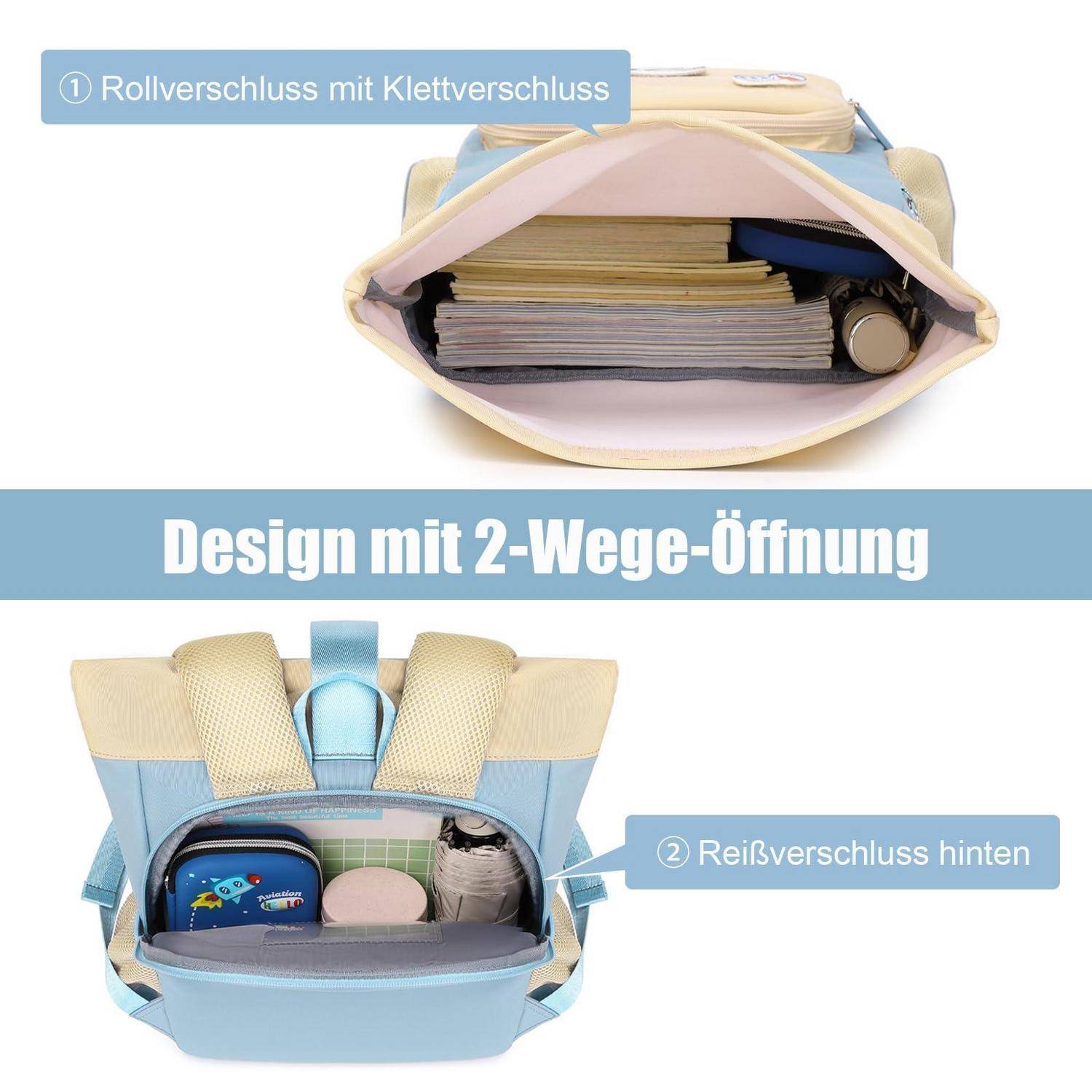 Illustration eines blauen Rucksacks mit „Design mit 2-Wege-Öffnung