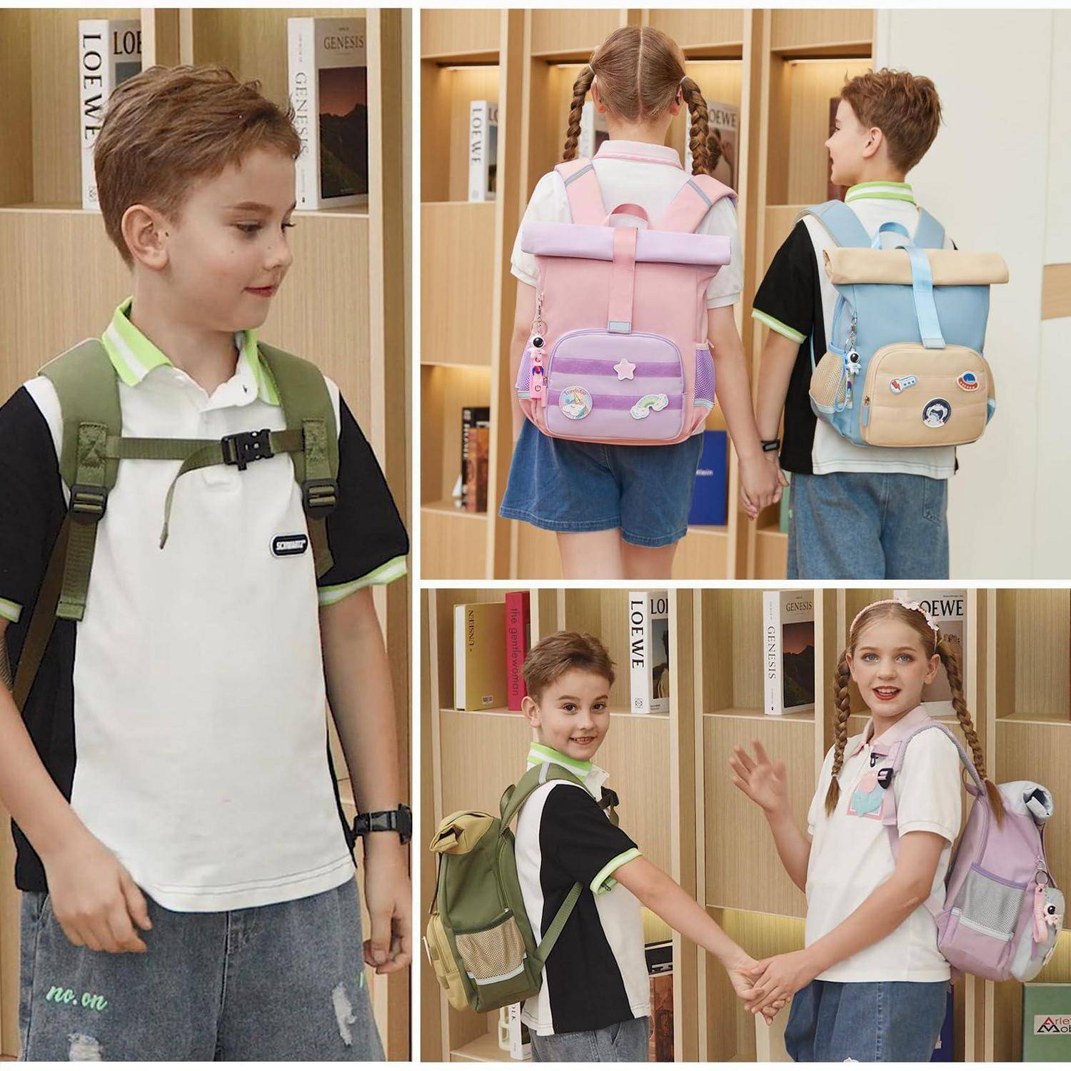 Kinder, die bunte Rucksäcke tragen, posieren in einem Klassenzimmer oder einer Ladenauslage und zeigen Vorder-, Rück- und Seitenansichten der Taschen.