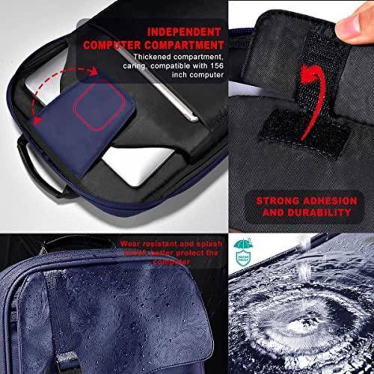 Collage einer Laptop-Tragetasche mit gepolstertem Laptop-Fach, starker Klebstoffbefestigung und wasserfestem, verschleißfestem Material.