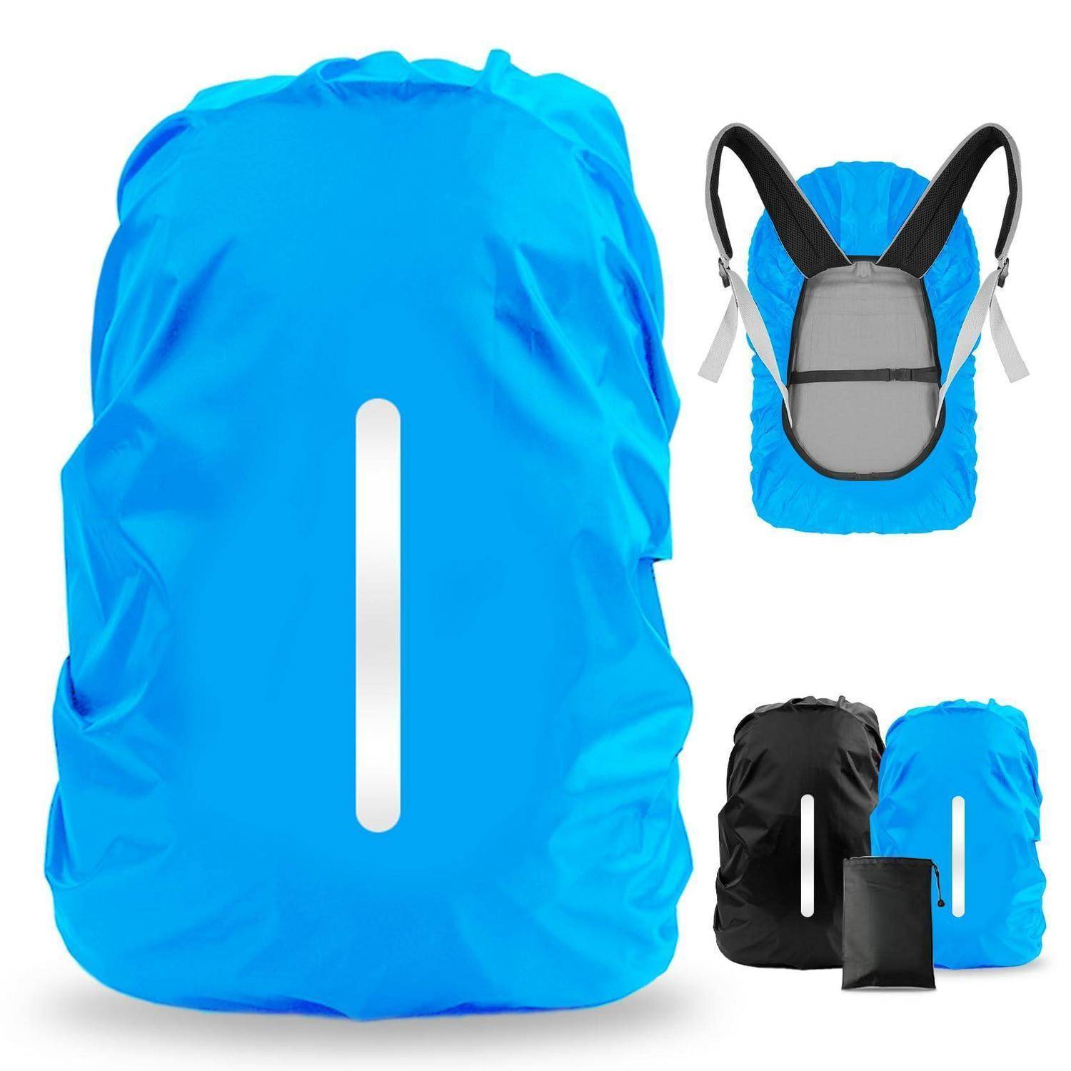 Blauer Rucksack-Regenschutz von vorne gezeigt, mit kleinen Detailaufnahmen der hinteren Riemen und der zusammengelegten schwarzen und blauen Schutzhüllen.