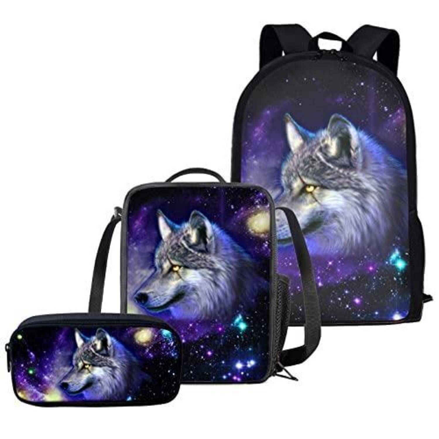 Satz von aufeinander abgestimmten Schulranzen mit einem violetten Galaxie-Wolf-Design: Rucksack, Lunch-Tasche und Federmäppchen.