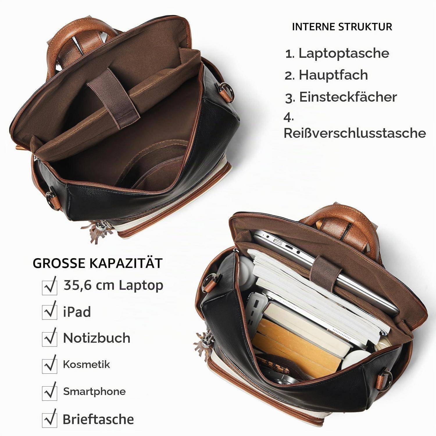 Braune Ledertasche geöffnet gezeigt mit internen Fächern und Gegenständen; deutscher Text hebt Laptop-Fach, Hauptfach, Steckfächer und große Kapazität für 35,6 cm Laptop, iPad, Notizbuch, Kosmetika, Smartphone und Dokumente hervor.