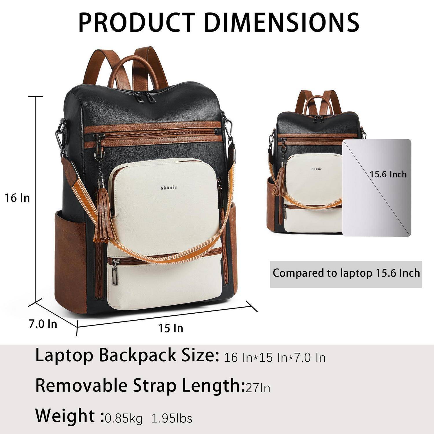 Shrrie Damen Rucksack Leder 15,6 Zoll Laptopfach wasserdicht Schwarz/Braun