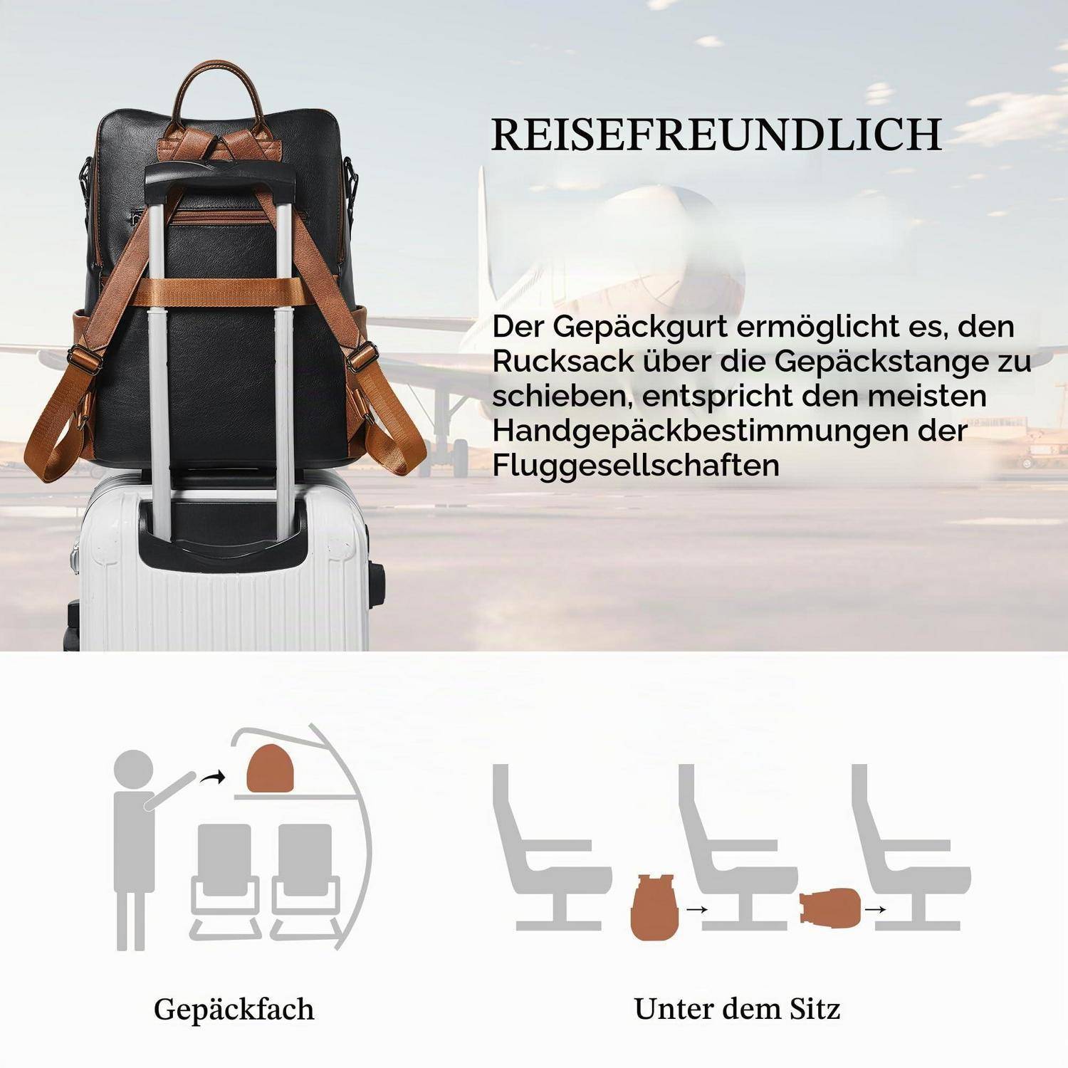 Koffer mit Rucksack, der oben befestigt ist, beschriftet mit „REISEFREUNDLICH