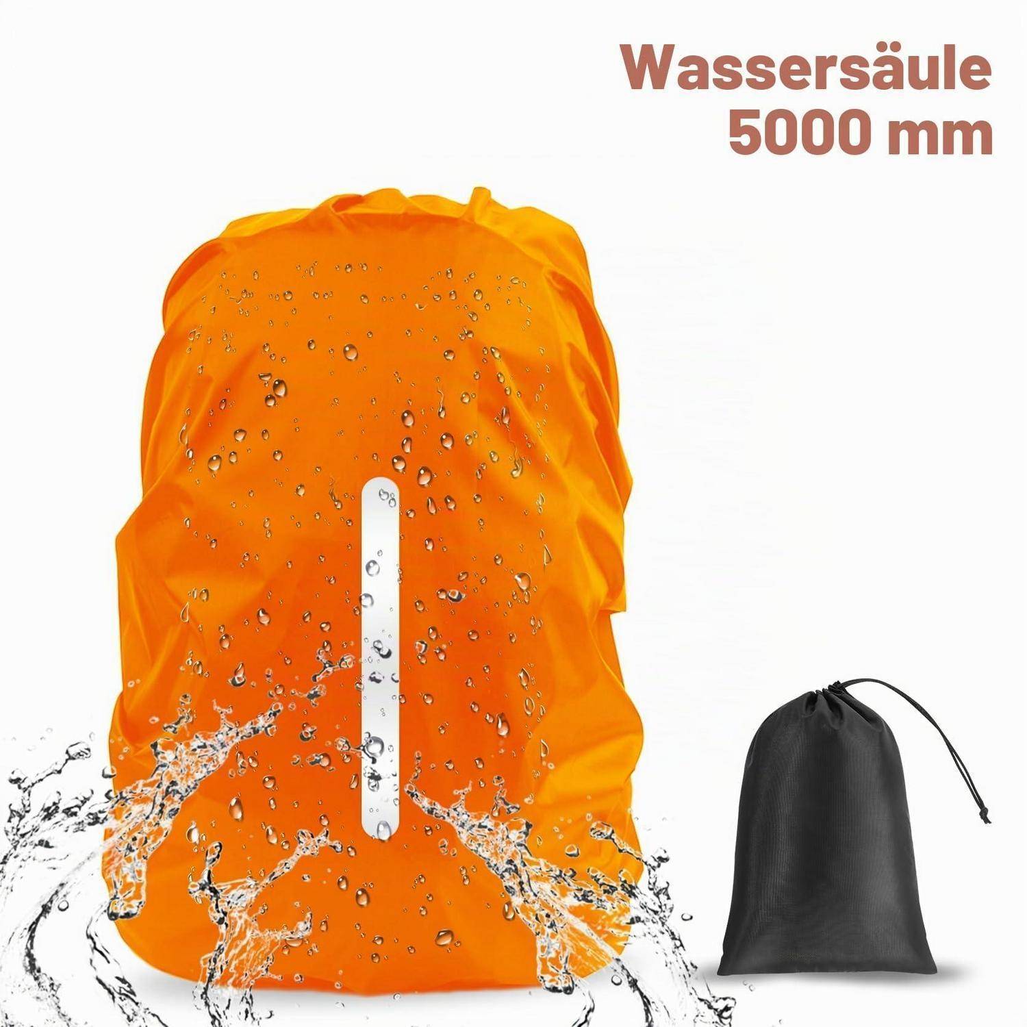 Orangener wasserdichter Rucksack mit Wasser, das darauf spritzt, neben einem schwarzen Beutel mit Kordelzug; der Text liest sich „Wassersäule 5000 mm".