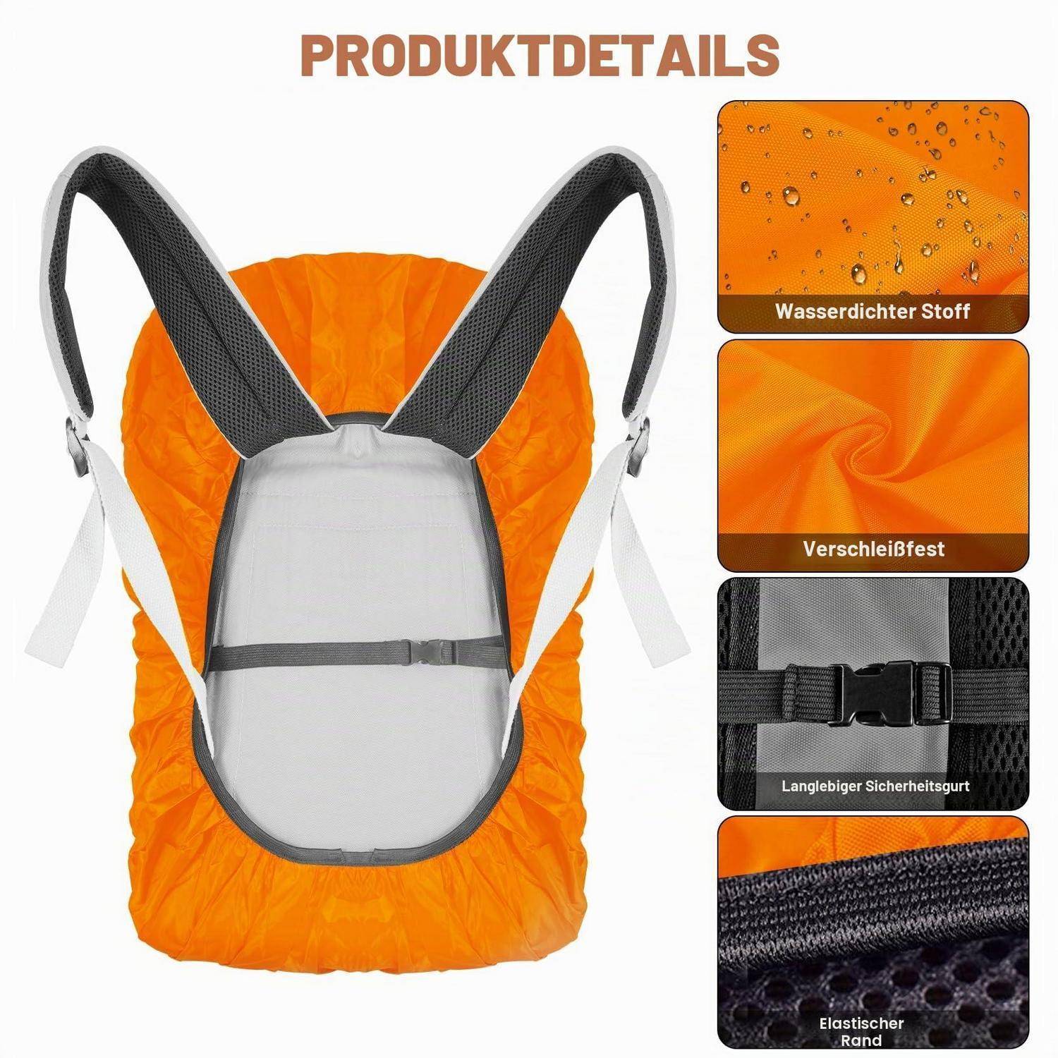 Produktdetails einer orangefarbenen Rucksackabdeckung mit grauen Riemen und verstellbarer Schnalle, mit Beschriftungen für wasserdichtes Material, Verschleißfestigkeit, haltbarer Sicherheitsriemen und Gummiband.
