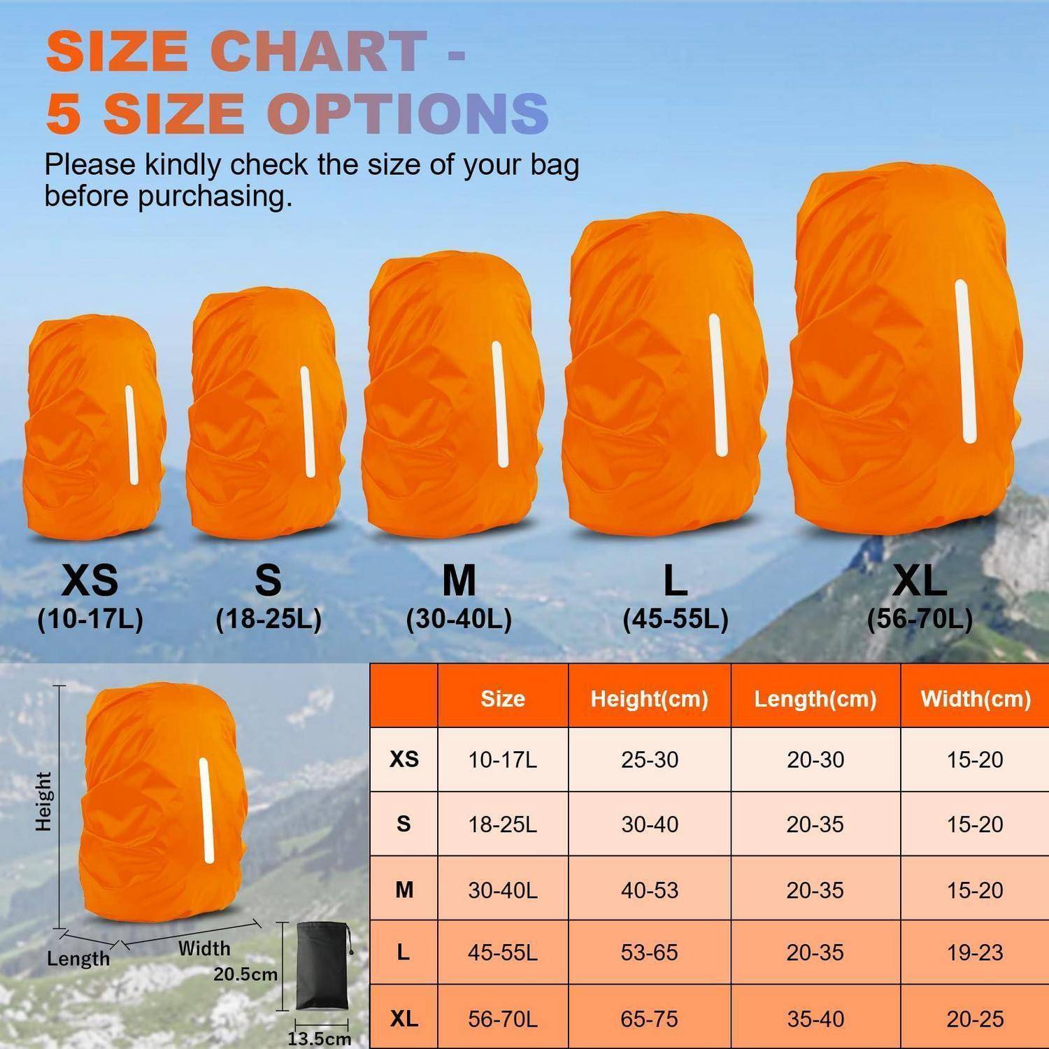 Größentabelle für eine Tasche mit 5 Optionen: XS, S, M, L, XL. Zeigt zunehmende Taschenabmessungen und eine Tabelle mit Höhe, Länge und Breite in cm mit Kapazitätsbereichen von 10–17L bis 56–70L.