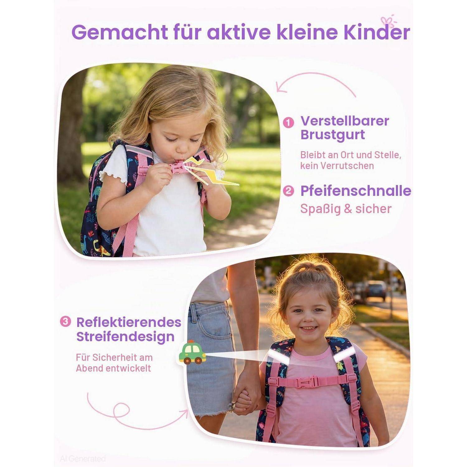 VASCHY Kinderrucksack Dino Lila 12 Zoll wasserdicht mit Brustgurt