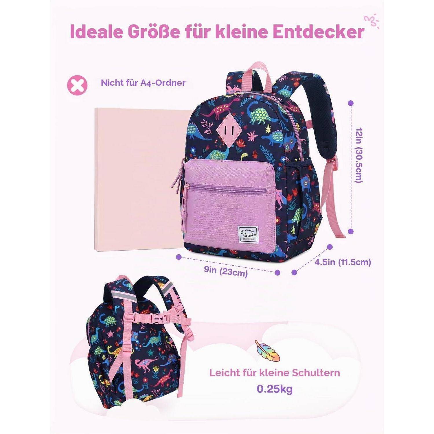 Produktabbildung eines kleinen Kinderrucksacks mit Dinosaurier-Muster, gekennzeichnet mit „Ideale Größe für kleine Entdecker
