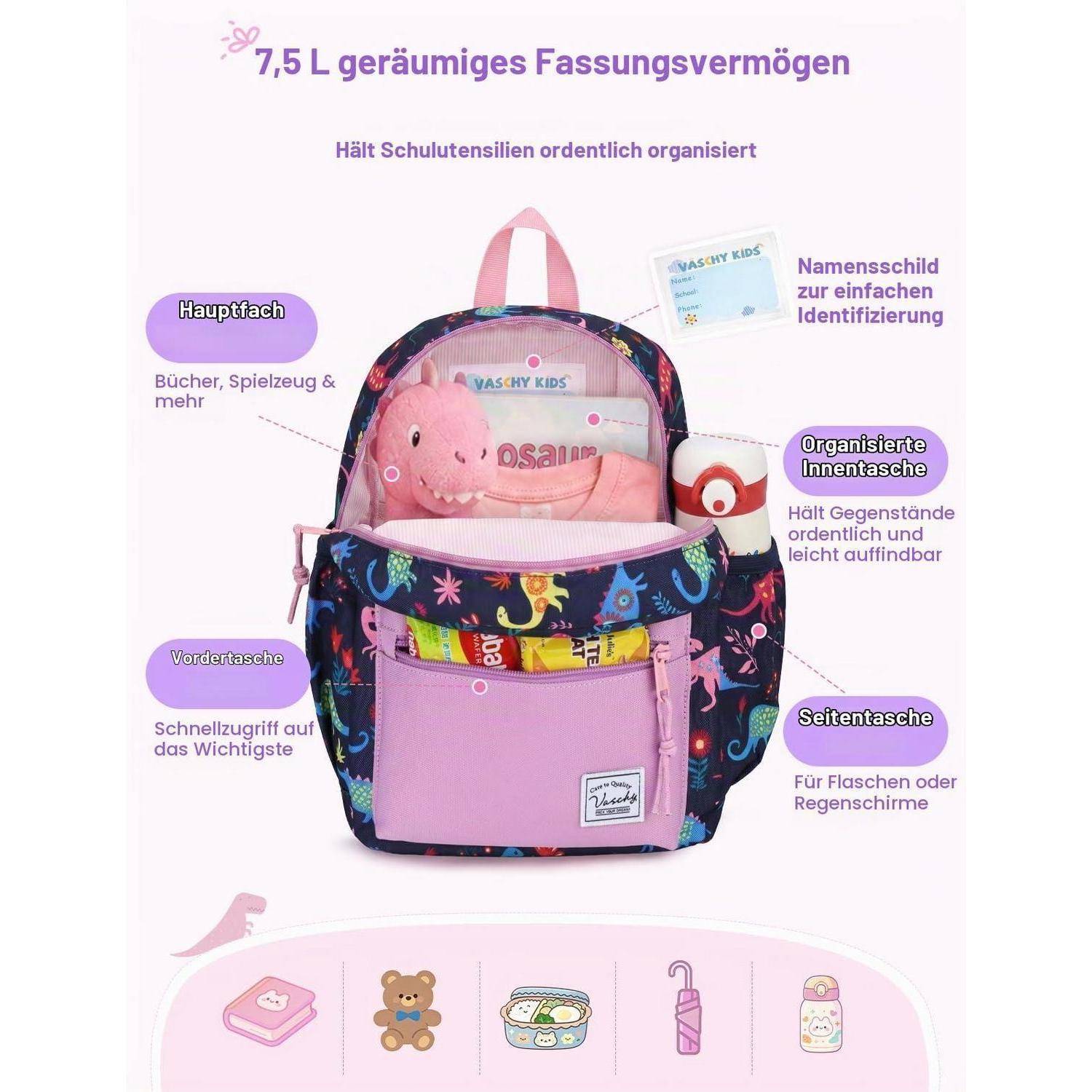 Illustrierter rosa-marinblauer Kinderrucksack mit 7,5L Fassungsvermögen, gekennzeichnete Taschen, Namensschildchen und organisierte Fächer für Bücher, Spielzeug, Flaschen und Regenschirm.