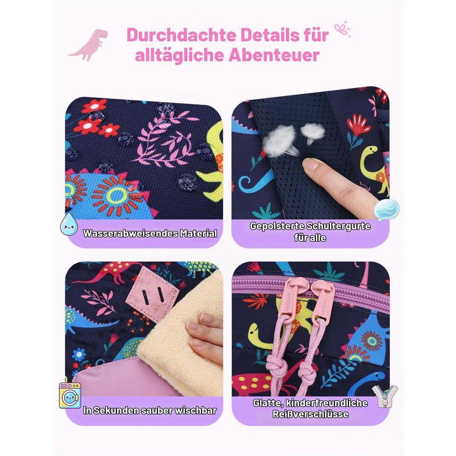 Deutscher Rucksack-Feature-Collage mit wasserabweisendem Material, gepolsterten Schultergurten, abwischbarer Oberfläche und glattem kinderfreundlichem Reißverschluss.
