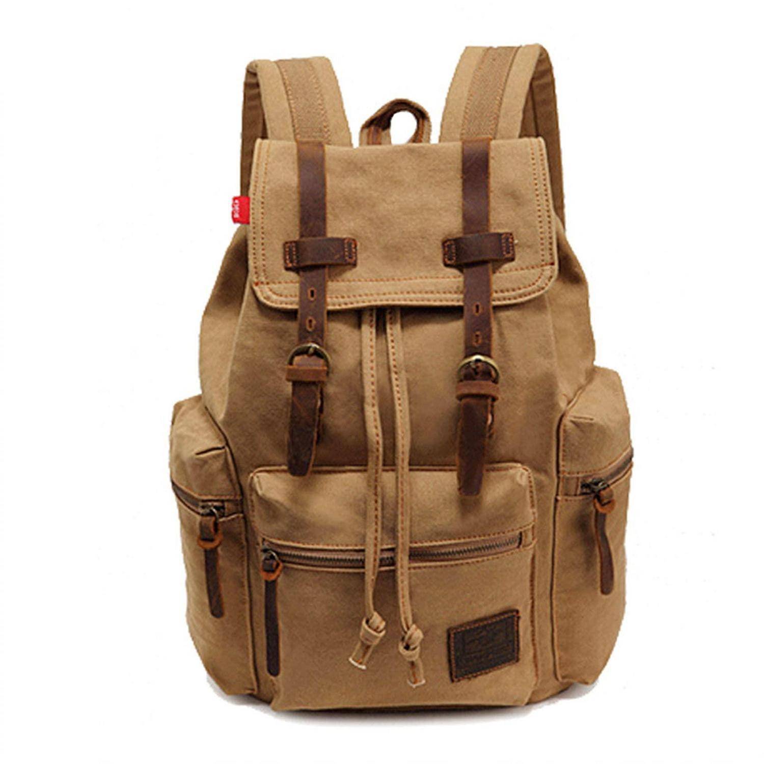 Beiger Rucksack aus Leinenstoff mit Vorderklappen, mehreren Reißverschlusstaschen und braunen Lederriemen auf weißem Hintergrund.