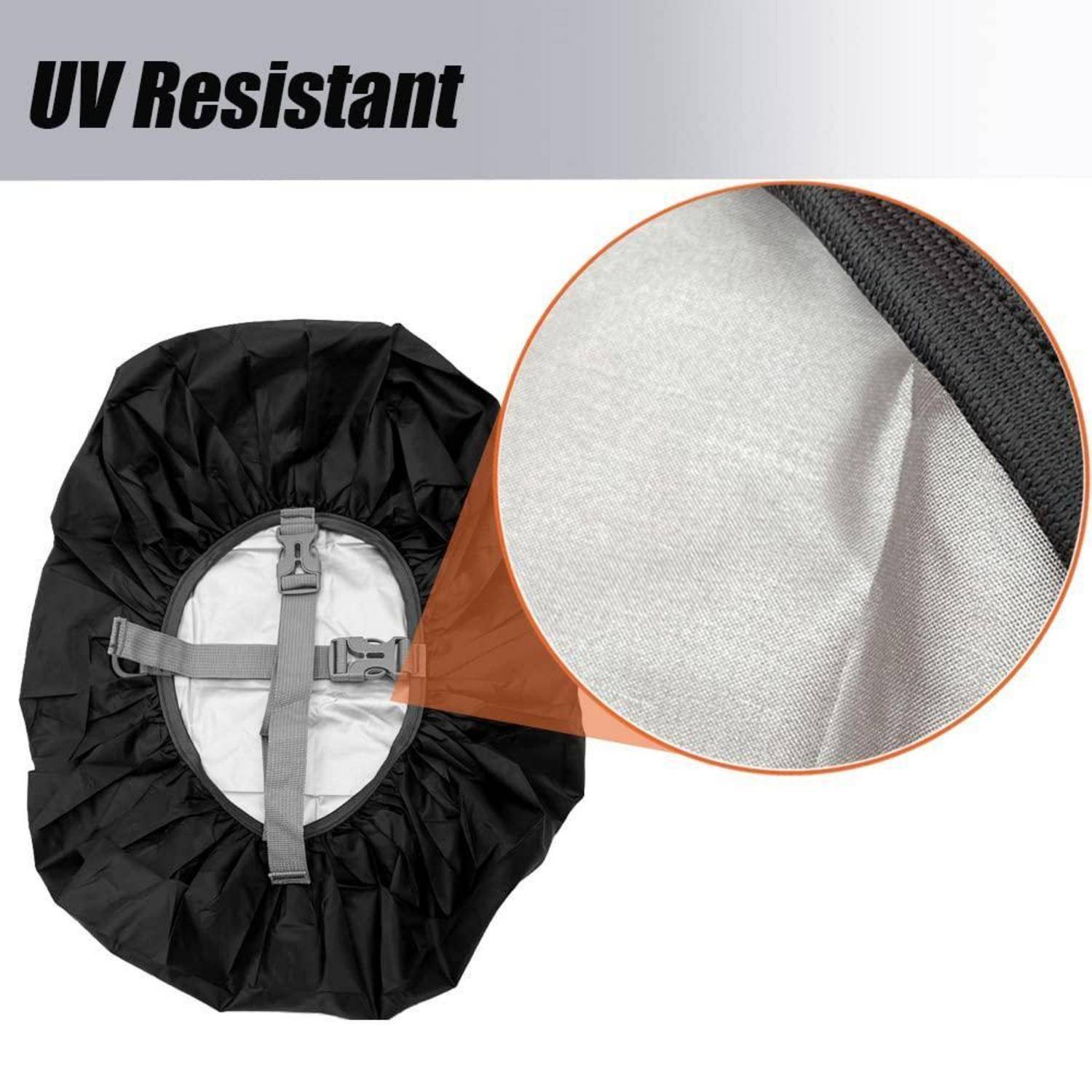 Schwarze UV-beständige Schutzabdeckung mit elastischem Zugband und Riemen; die Vergrößerung zeigt die Nahaufnahme der langlebigen Stoffstruktur.