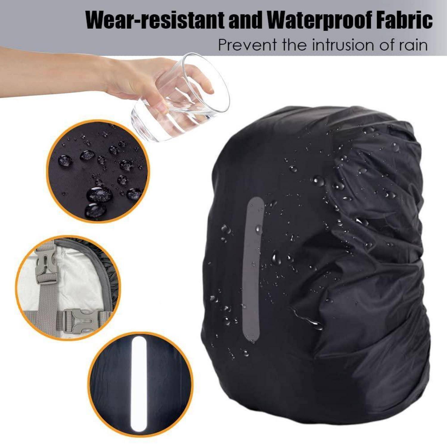 Wasserdichter schwarzer Rucksack-Regenschutz mit abperlendem Wasser; Text lautet „Verschleißfestes und wasserdichtes Material" und „Verhindert das Eindringen von Regen"".