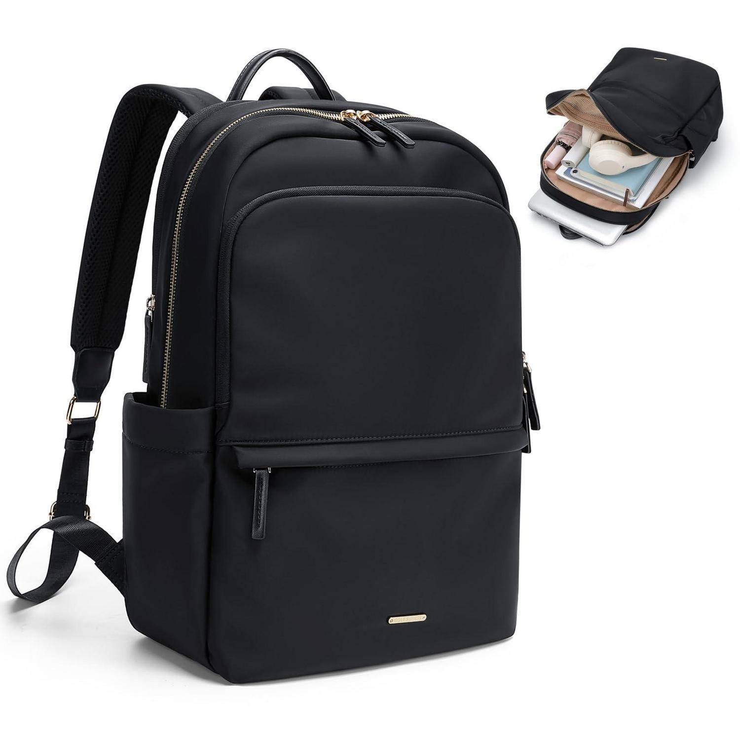 Schwarzer Rucksack mit mehreren Reißverschlusstaschen und einer kleinen Abbildung, die ihn offen mit Büchern und Zubehör im Inneren zeigt