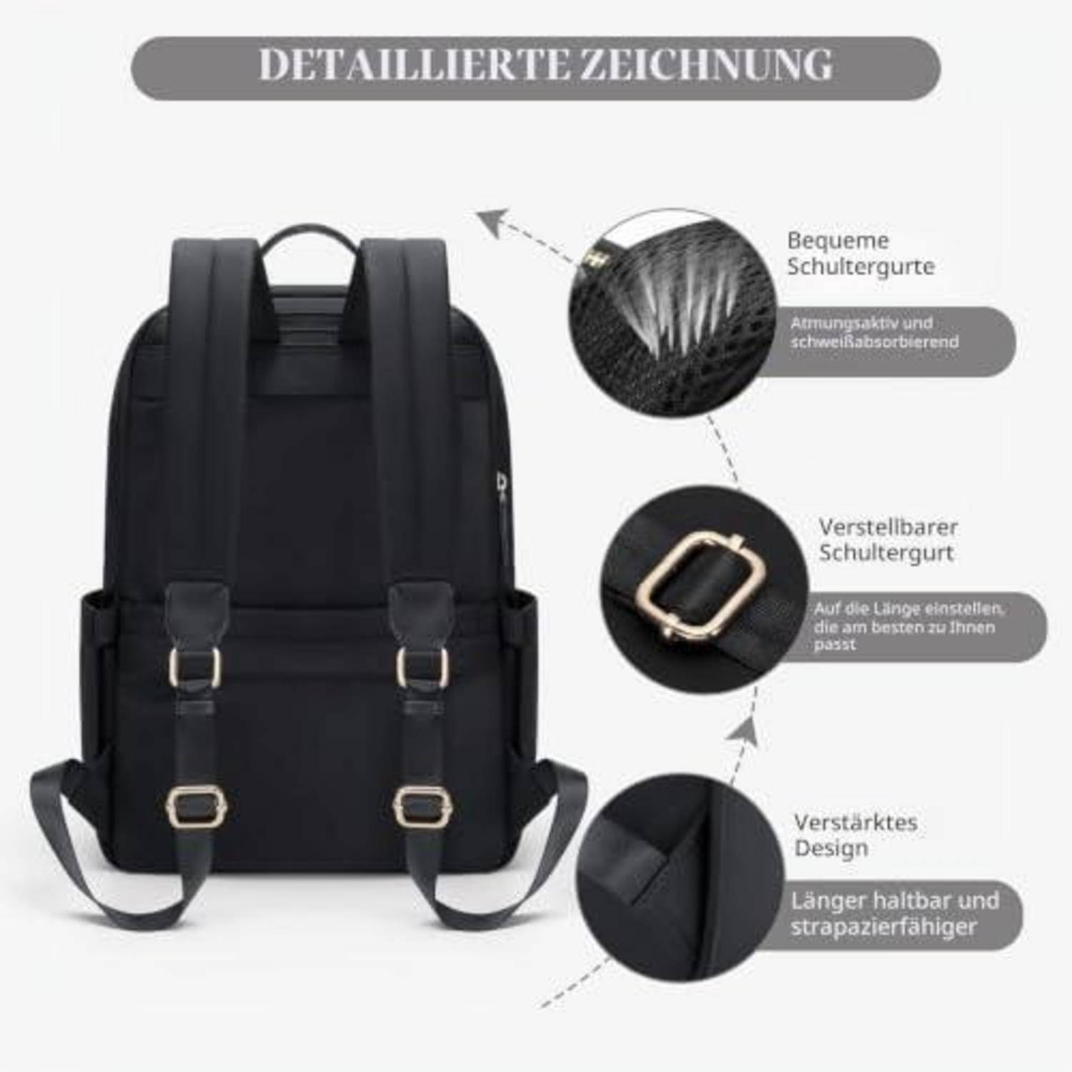 Schwarzer Rucksack mit gekennzeichneten Merkmalen: bequeme atmungsaktive Schultergurte, verstellbare Riemen und verstärkte langlebige Konstruktion.