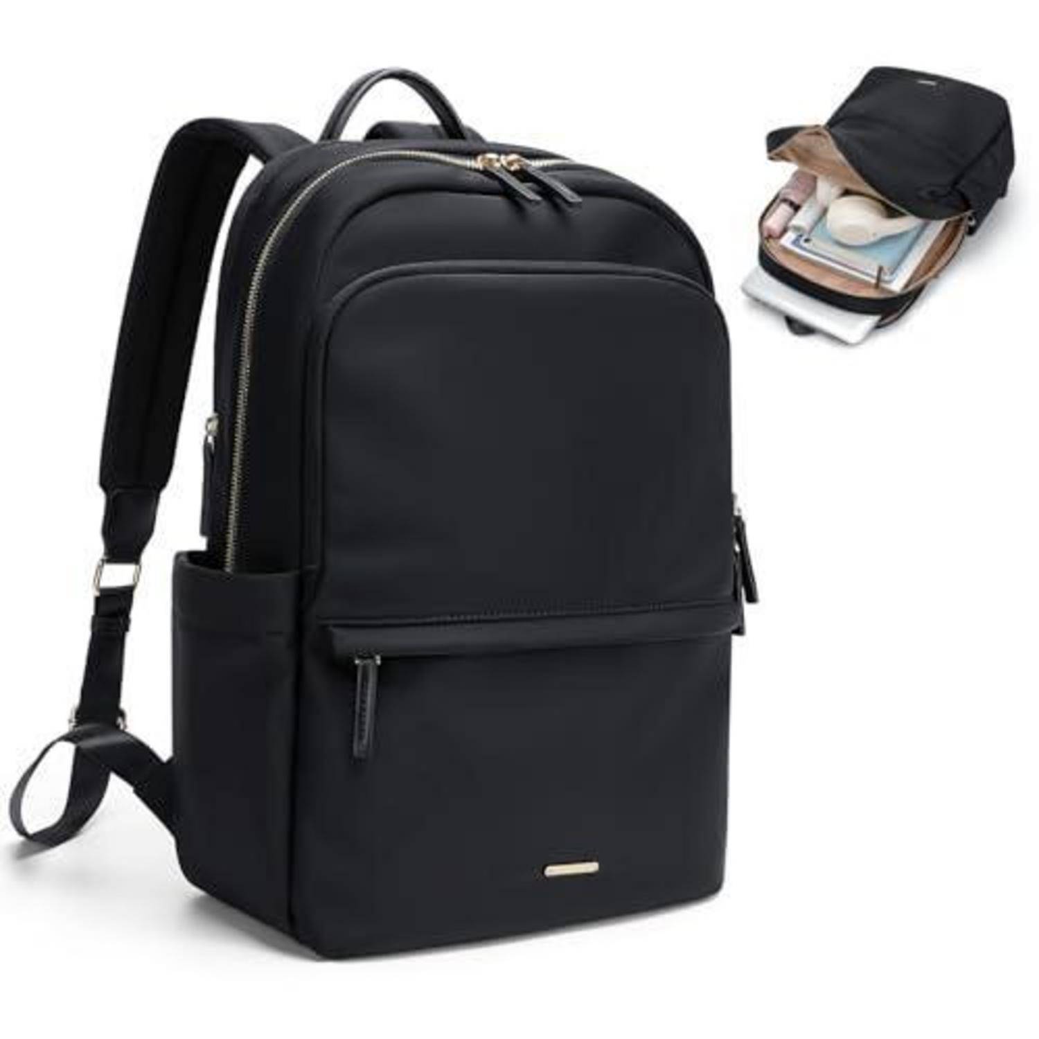 Schwarzer Rucksack mit Frontfach und Seitenfächern, gezeigt in einer offenen Draufsicht, die die gepackten Gegenstände im Inneren zeigt.