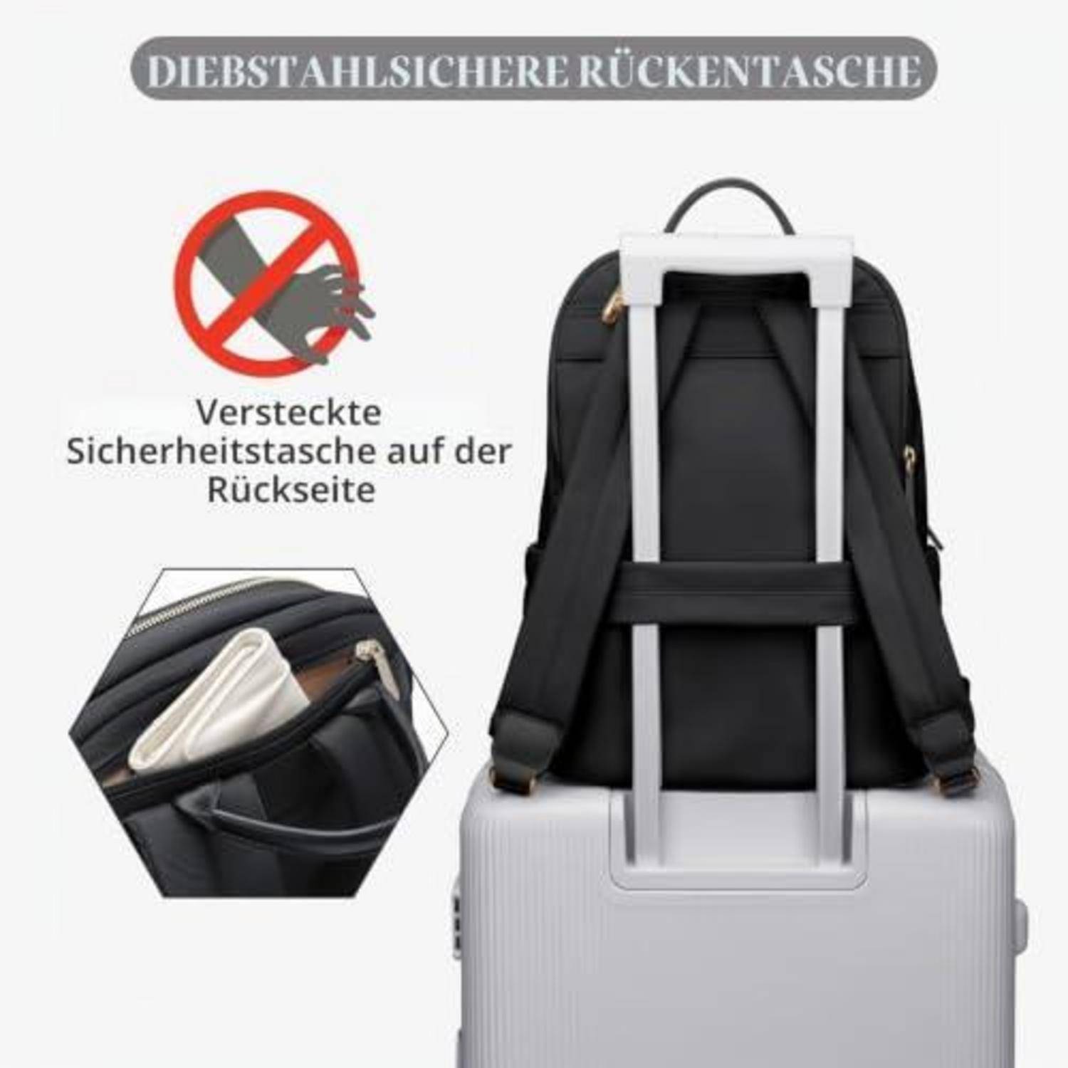Laptop Rucksack Damen 14 Zoll Schwarz Wasserabweisend Oxford-Gewebe