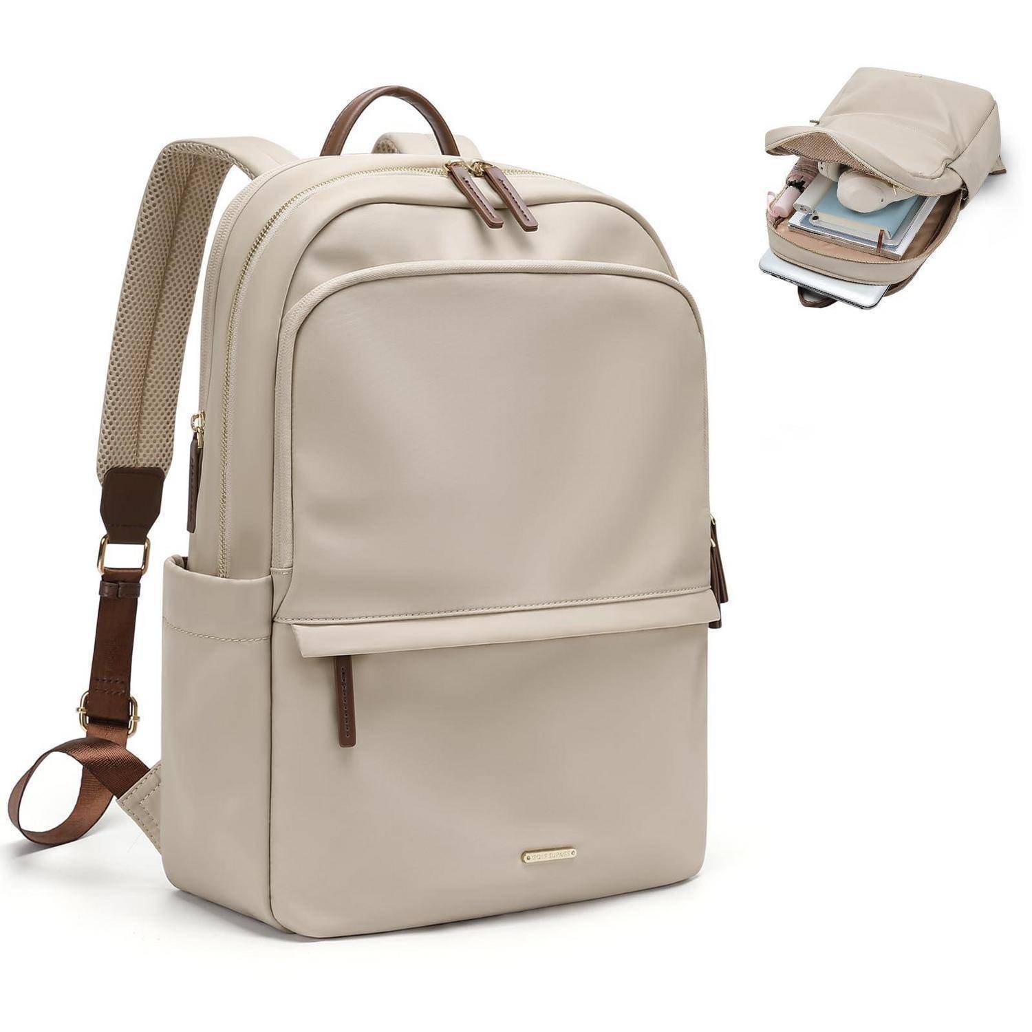 Beiger Rucksack mit Griff oben, Vordertasche und gepolsterten Schultergurten; die Vergrößerung zeigt das geöffnete Hauptfach mit Büchern und einem Laptop im Inneren.