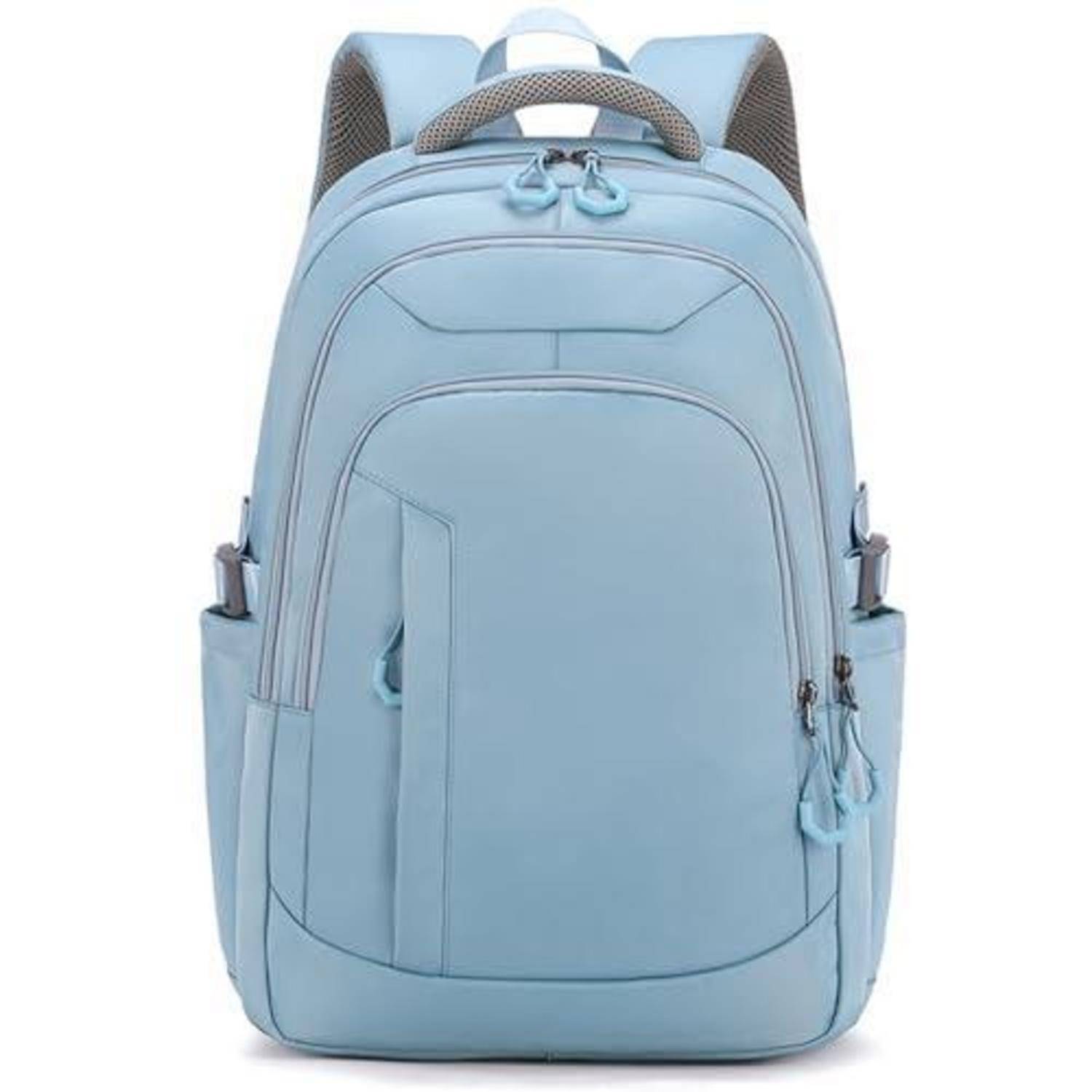 Hellblauer Rucksack mit mehreren Reißverschlussfächern, Griffschlaufe oben und gepolsterten Schultergurten in Vorderansicht auf weißem Hintergrund.