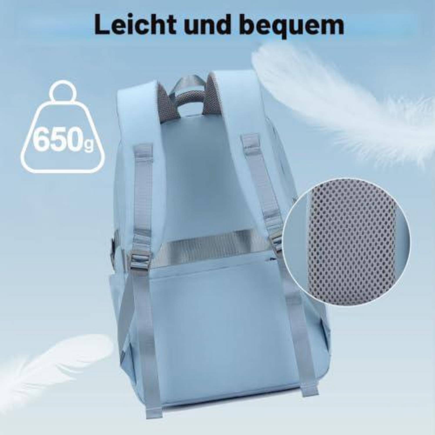 Hellblauer Rucksack mit Text „Leicht und bequem