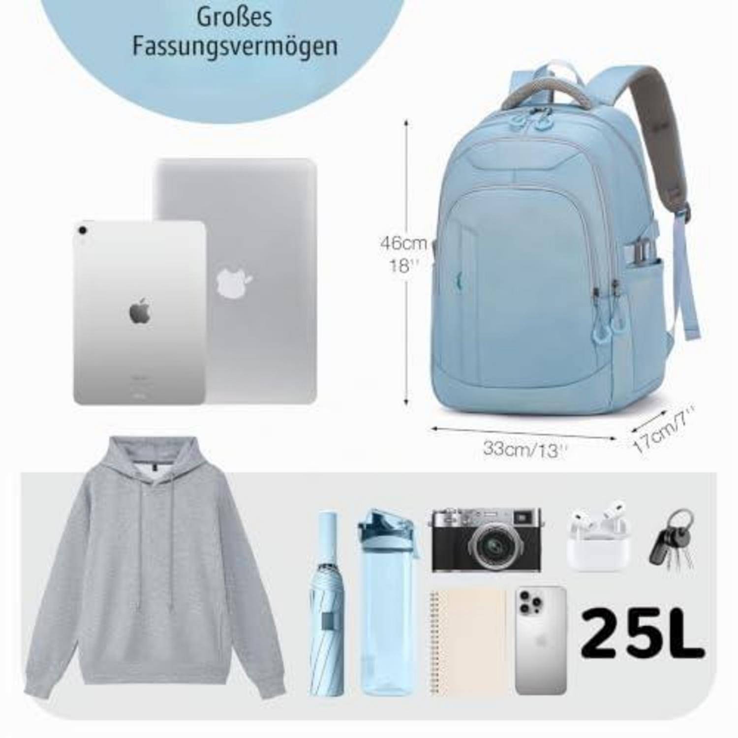 Hellblauer Rucksack mit großem Fassungsvermögen, gezeigt mit 25L-Bezeichnung und Abmessungen 46 cm hoch, 33 cm breit, 17 cm tief, mit Laptop, Hoodie, Wasserflasche, Notizbuch, Telefon, Kopfhörern, Schlüsseln und Kamera.