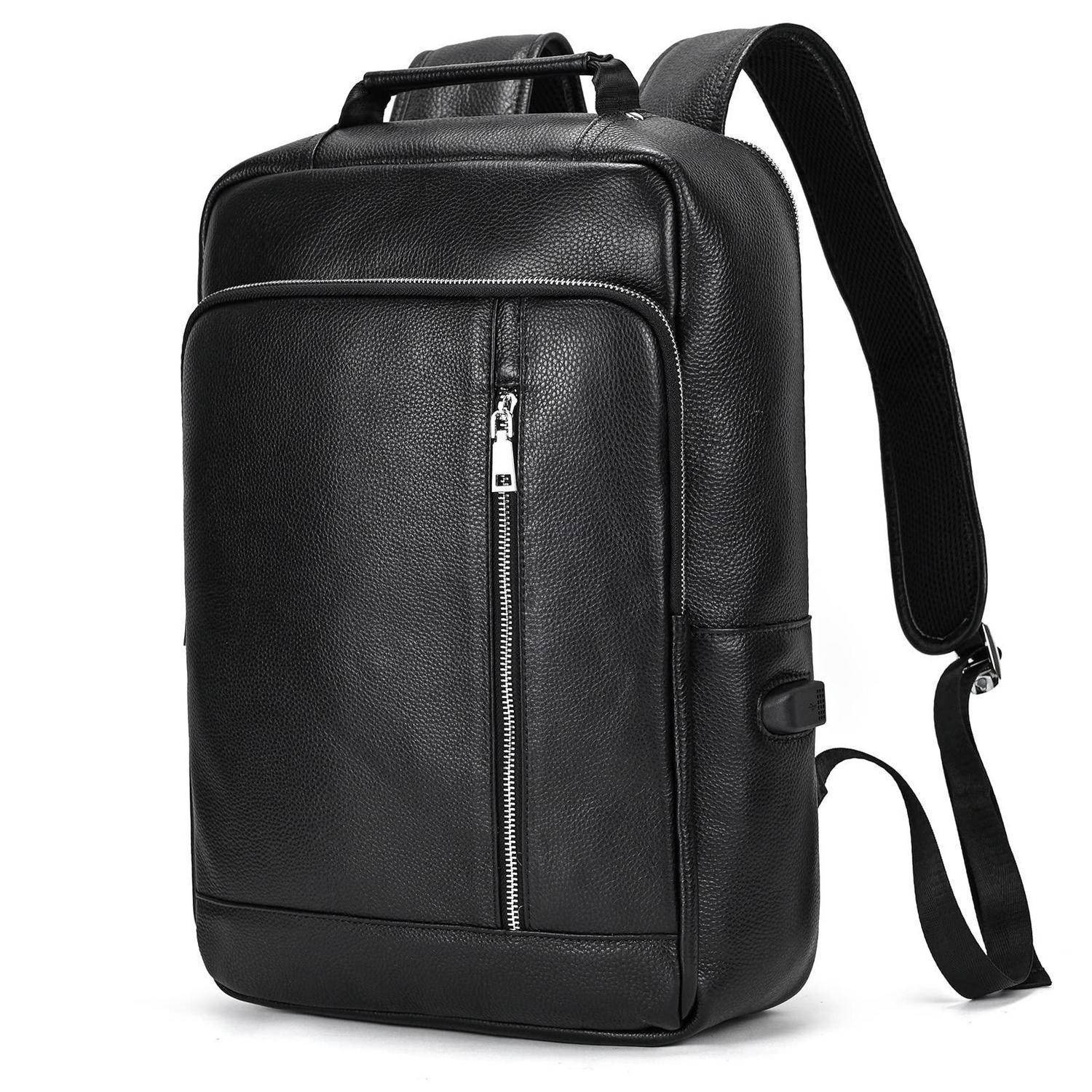 Schwarzer Lederrucksack mit einer vorderen Reißverschlusstasche und gepolsterten Schultergurten, gezeigt auf weißem Hintergrund.