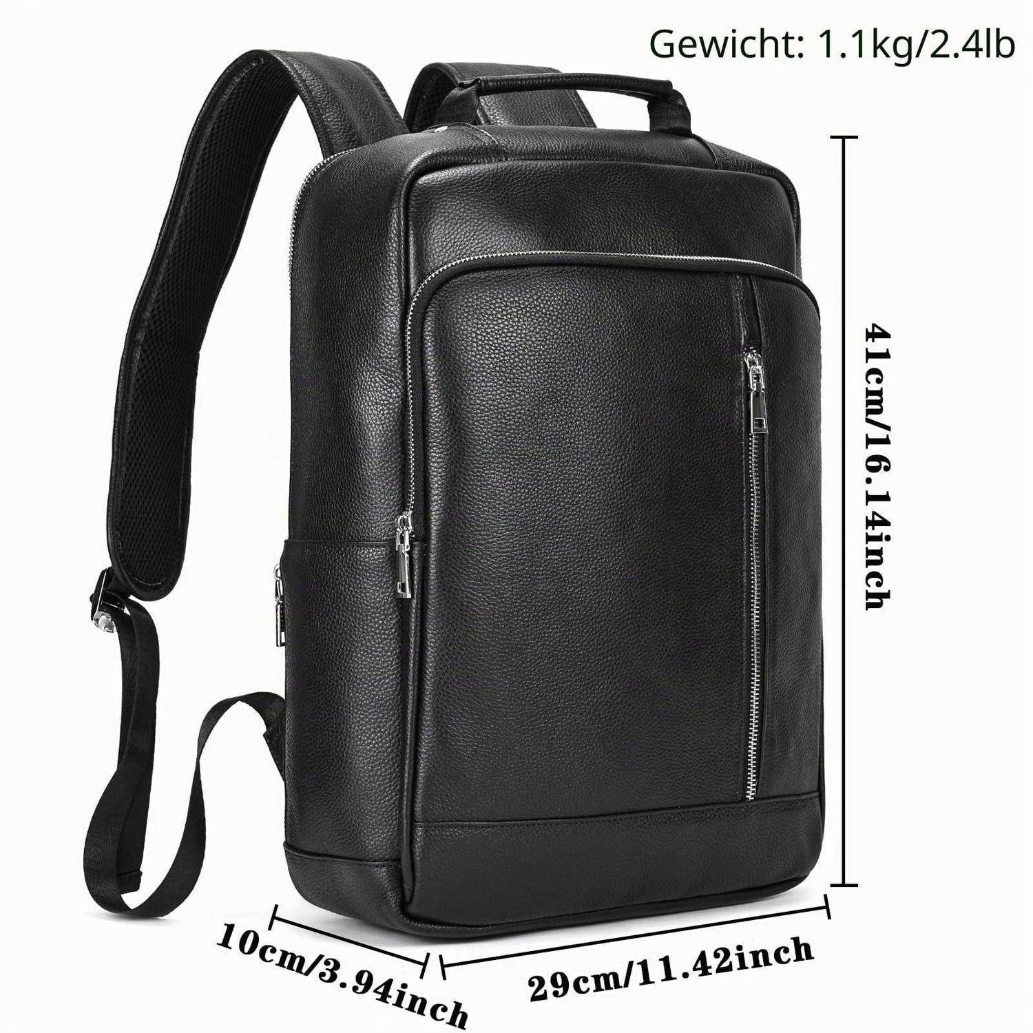 Schwarzer Lederrucksack mit Schultergurten; gekennzeichnete Abmessungen 41 cm Höhe, 29 cm Breite, 10 cm Tiefe, Gewicht 1,1 kg.