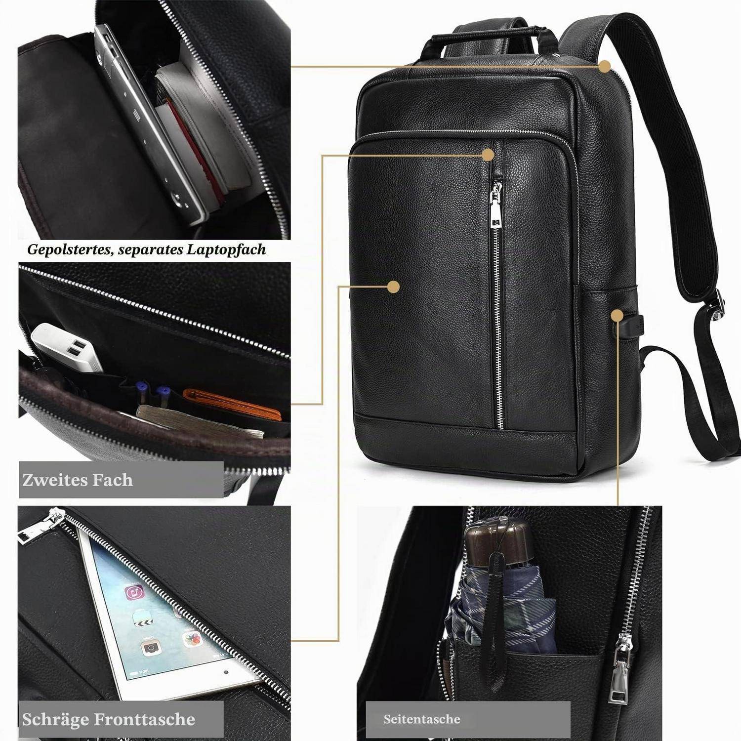 Schwarzer Lederrucksack mit mehreren Fächern: gepolsterte Laptop-Tasche, zweite Tasche, schräge Vordertasche und Seitentasche.